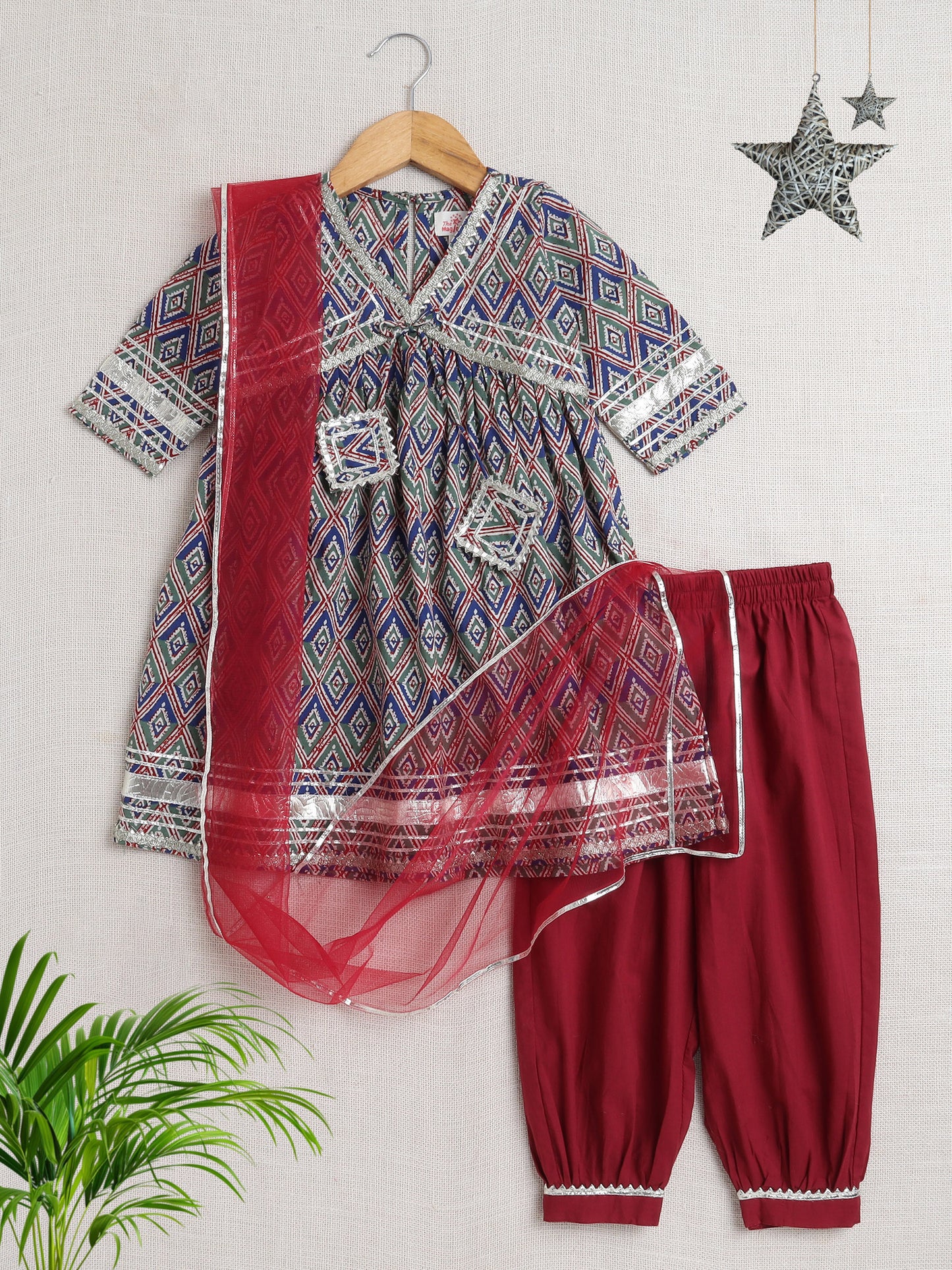 Half Sleeves Geometric Print Alia Cut Kurta Set- Blue
