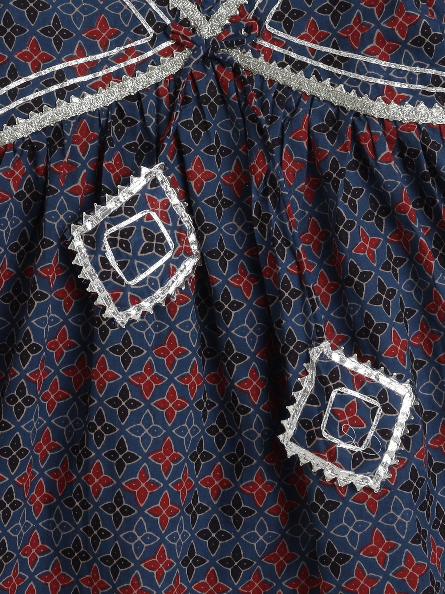 Half Sleeves Floral Printed Gota Lace Embellished Kurta With Dupatta & Salwar Set - Indigo Blue