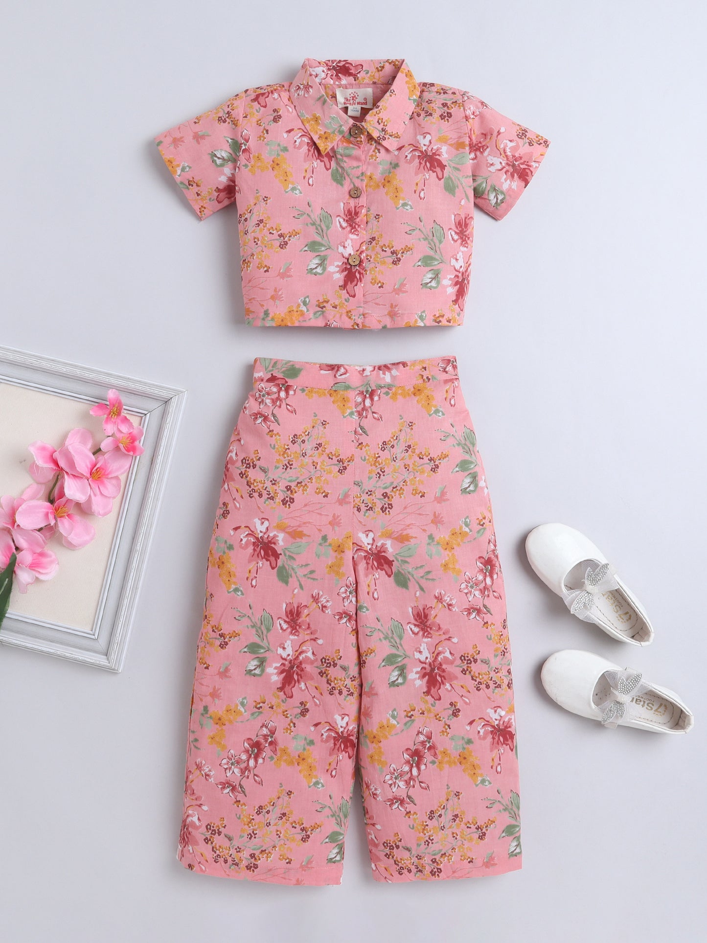Half Sleeve Floral Printed Collar Top & Coordinating Pant Set Peach