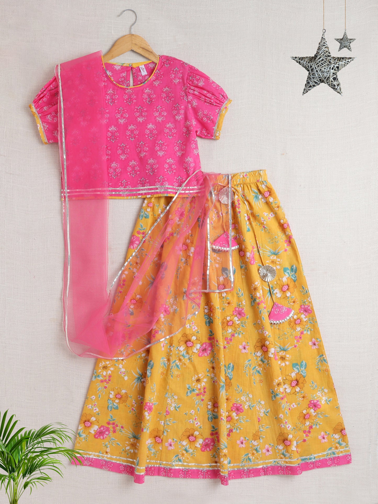 Half Sleeves Floral Printed Lace Embelished Lehenga Choli With Dupatta-Pink