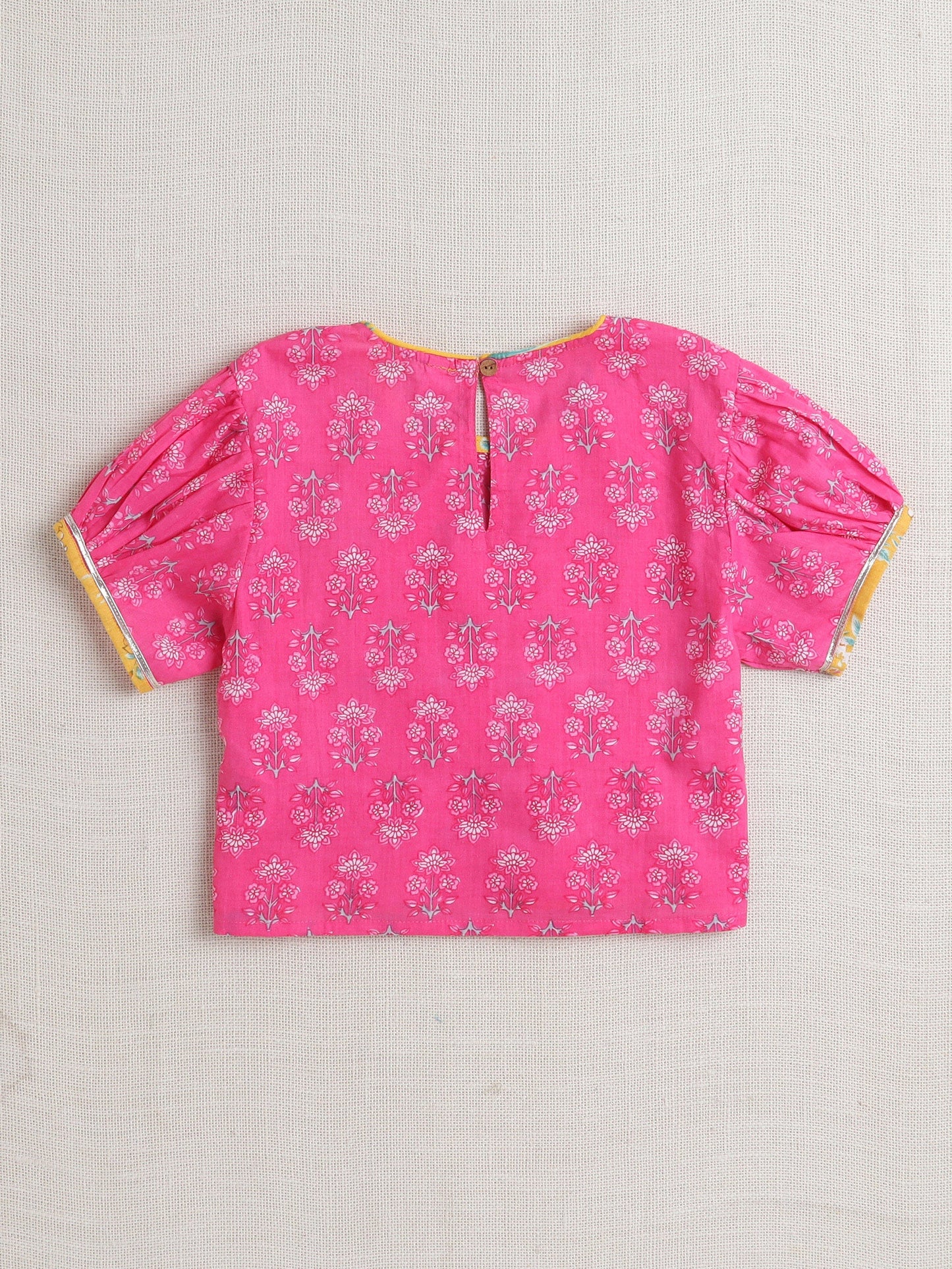Cotton Half Sleeves Floral Printed & Lace Embellished Lehenga Choli With Dupatta Set - Yellow & Pink