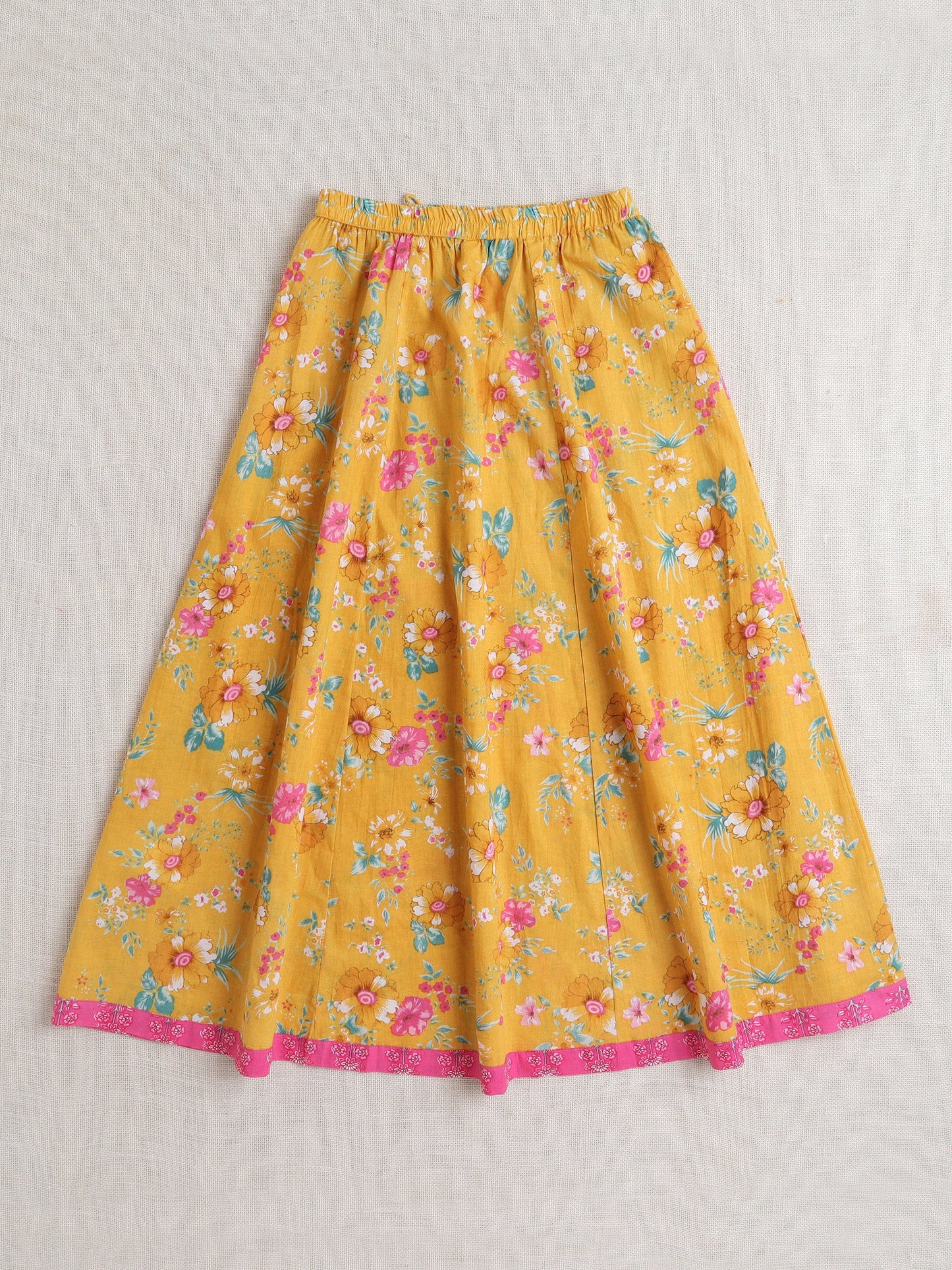 Cotton Half Sleeves Floral Printed & Lace Embellished Lehenga Choli With Dupatta Set - Yellow & Pink
