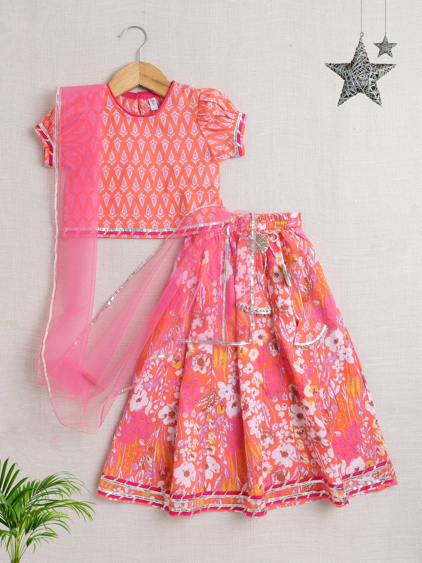 Half Sleeves Floral Printed Lace Embelished Lehenga Choli With Dupatta-Peach