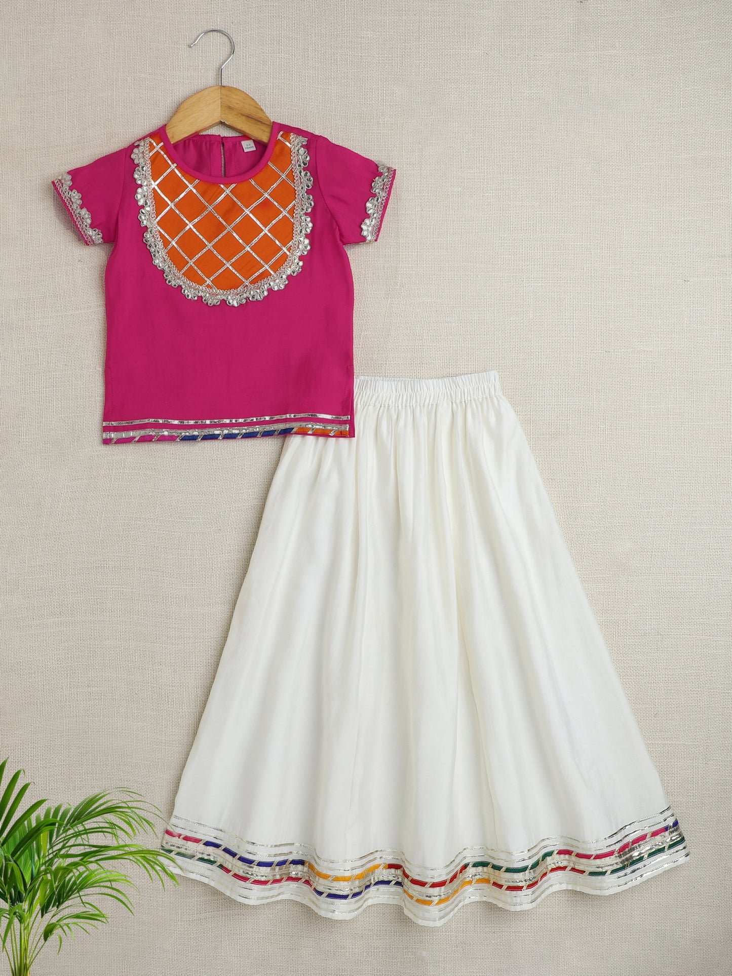 Half Sleeves Lace Embellished Pattu Pavadai Lehenga Choli Set - Fuchsia