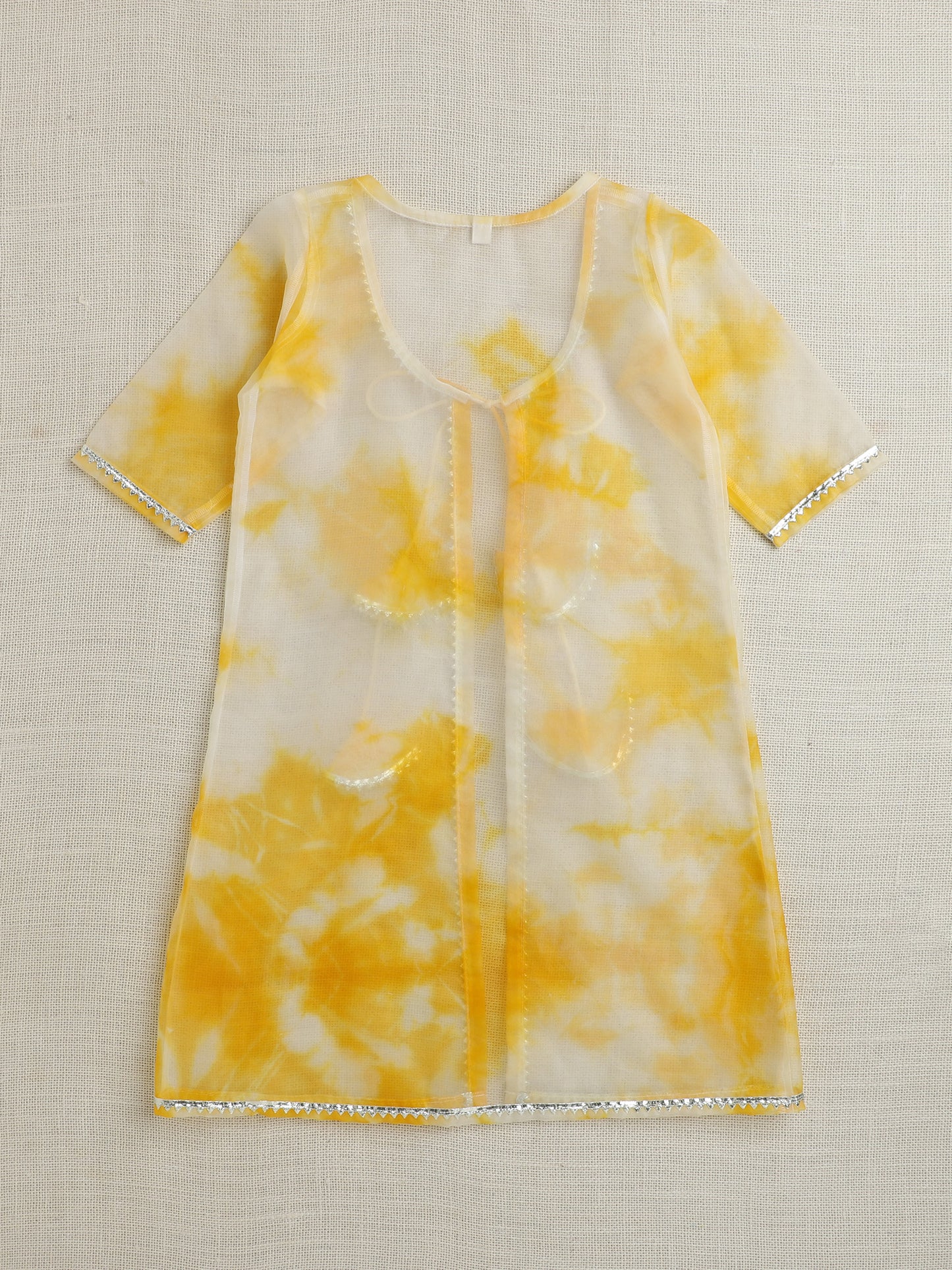 The Magic Wand Sleeveless Aabla Embroidered Dress With Tie & Dye Lace Embelished Shrug Yellow