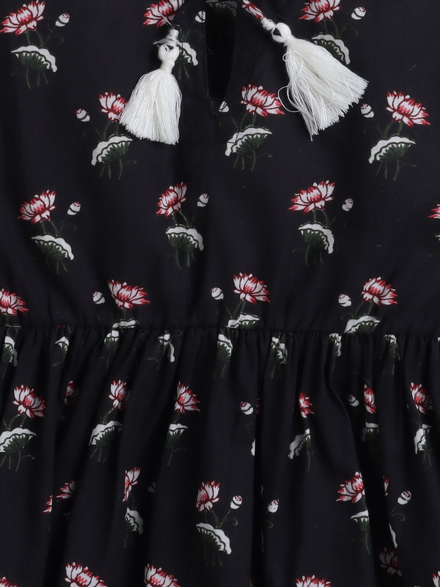 Floral Printed Cotton Three Forth Sleeves with Tassel Top - Black