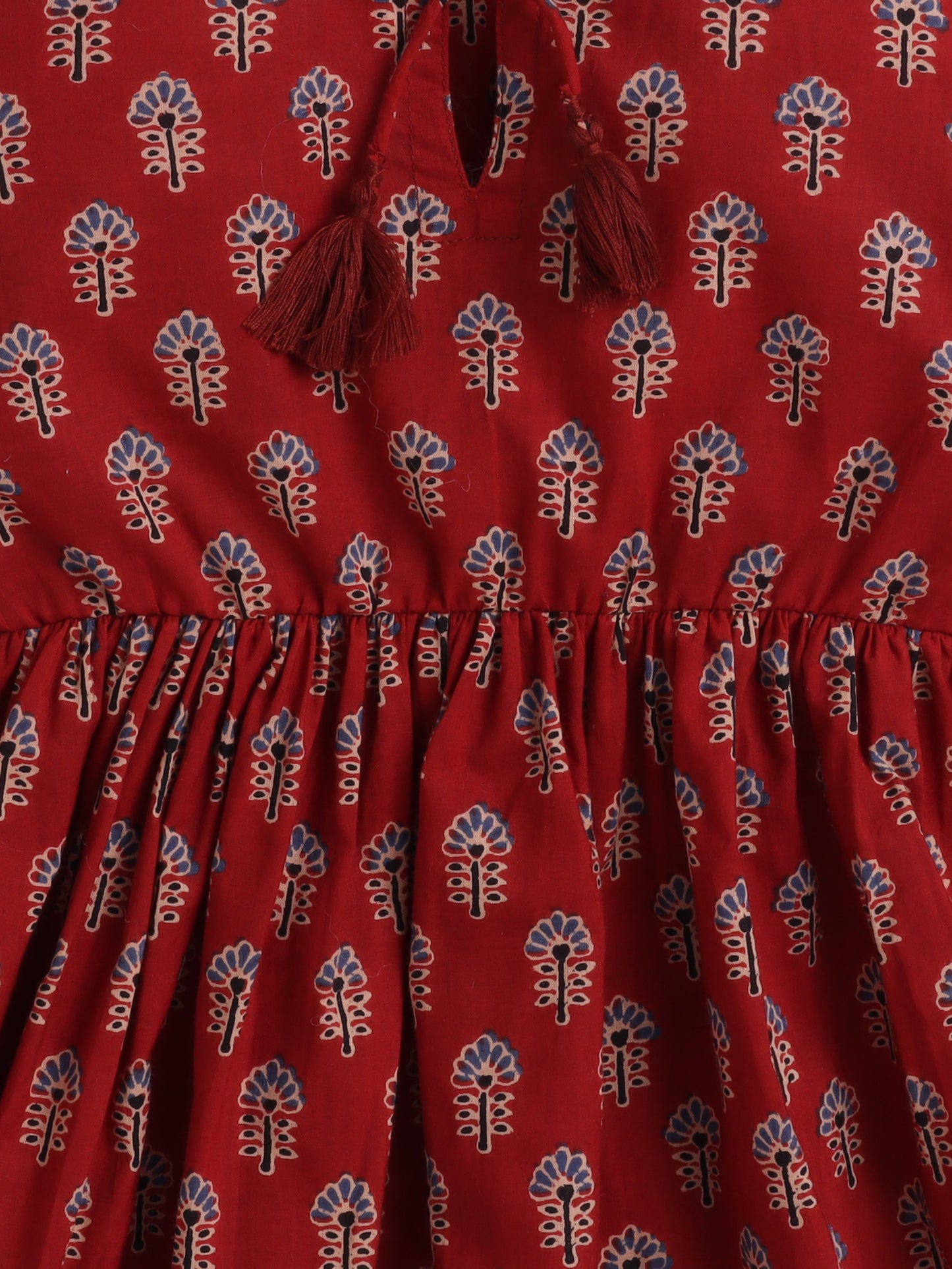 Floral Printed Cotton Three Fourth Sleeves with Tassel Top - Maroon