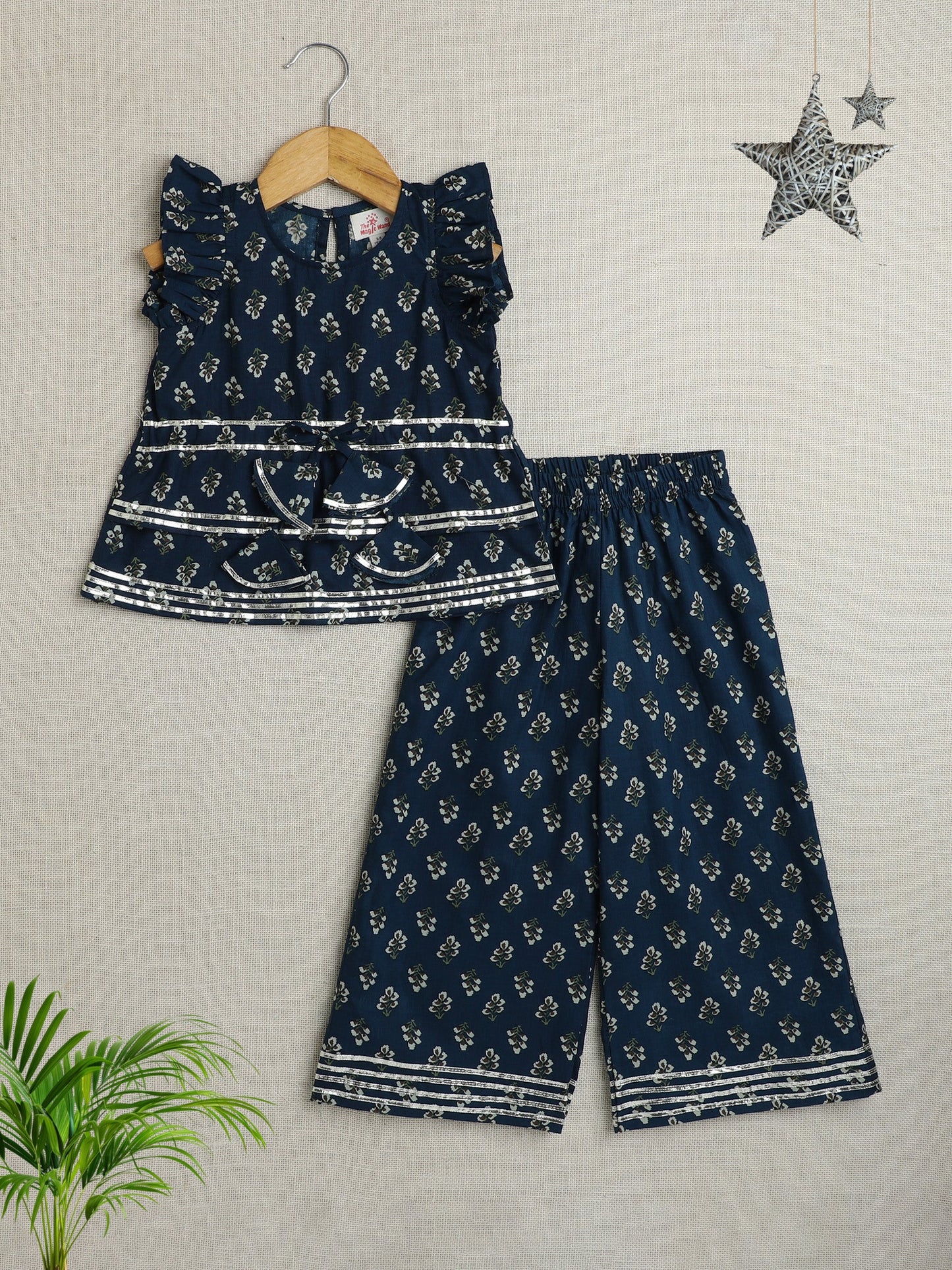 Cotton Cap Sleeves Lace Embelsihed & Floral Printed Top & Coordinating Pant Set - Teal Blue