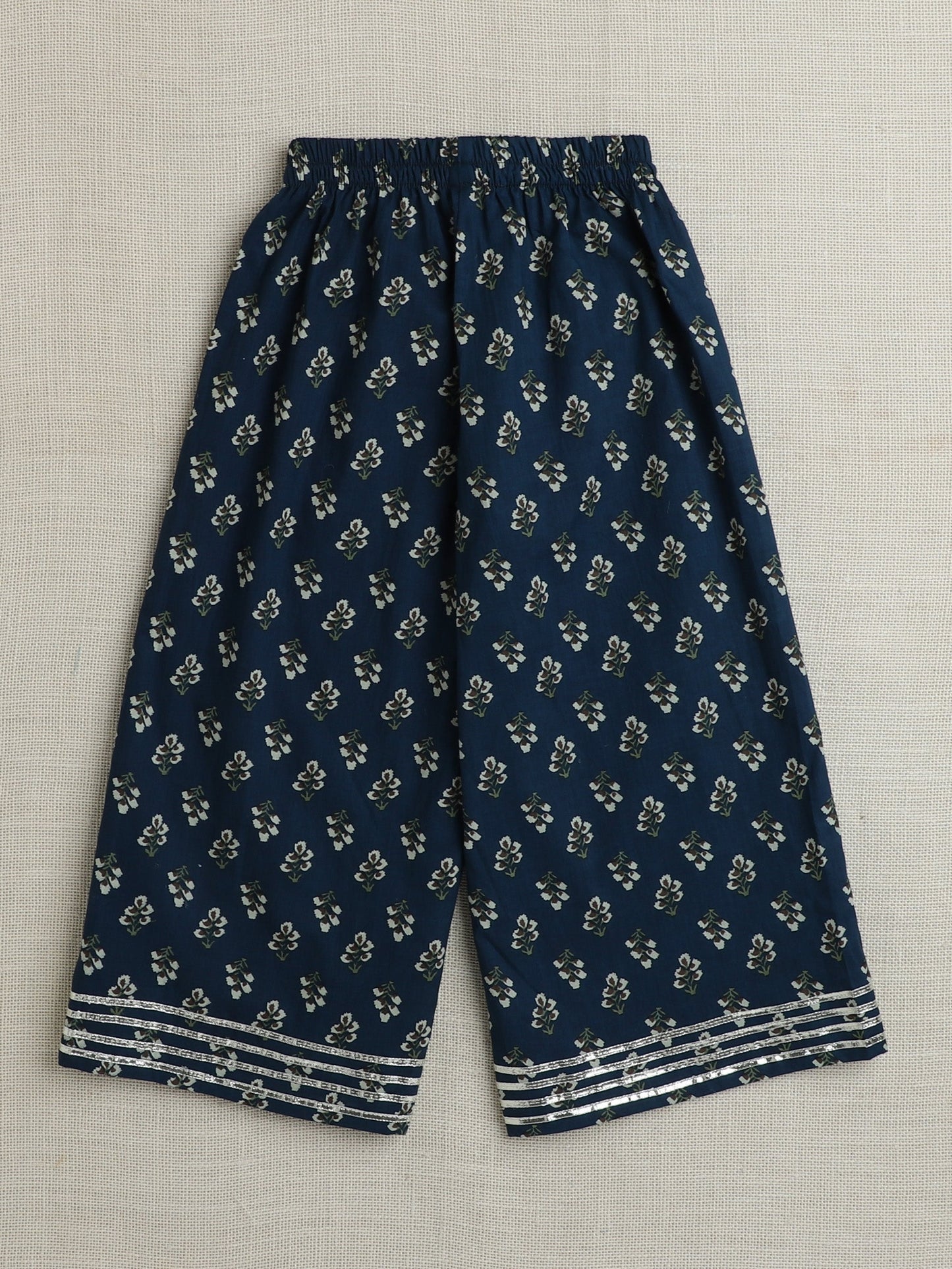 Cotton Cap Sleeves Lace Embelsihed & Floral Printed Top & Coordinating Pant Set - Teal Blue