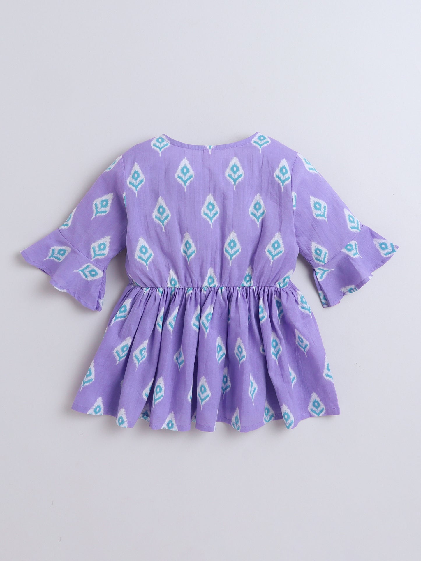 Cotton Three Fourth Sleeves Ikat Printed Top with Tassels -Purple