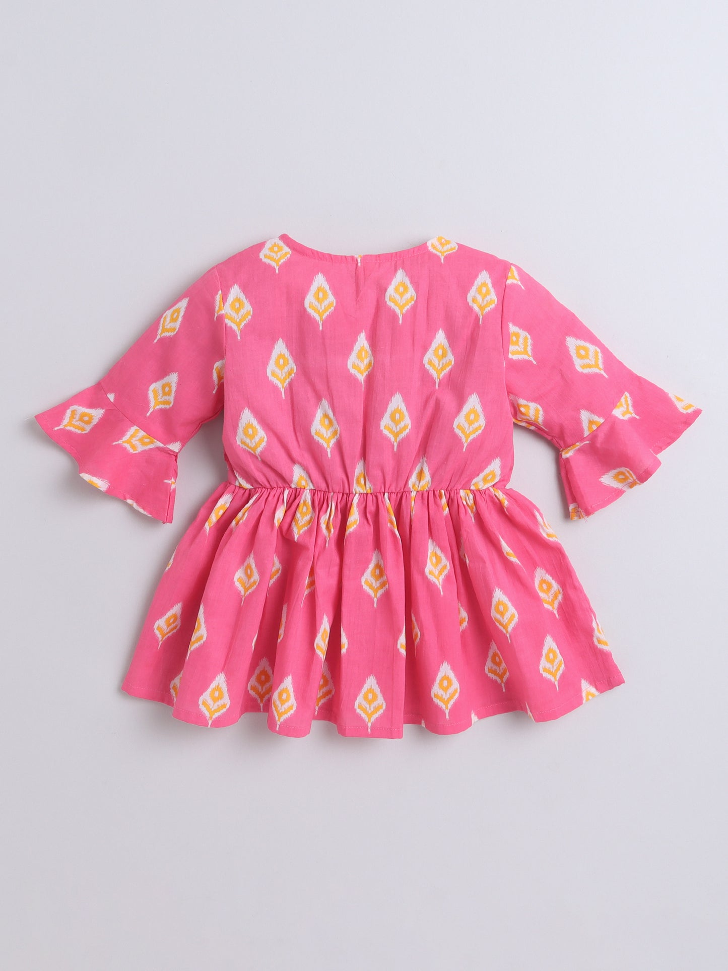 Cotton Three Fourth Sleeves Ikat Printed Gathered Top with Tassels -Pink