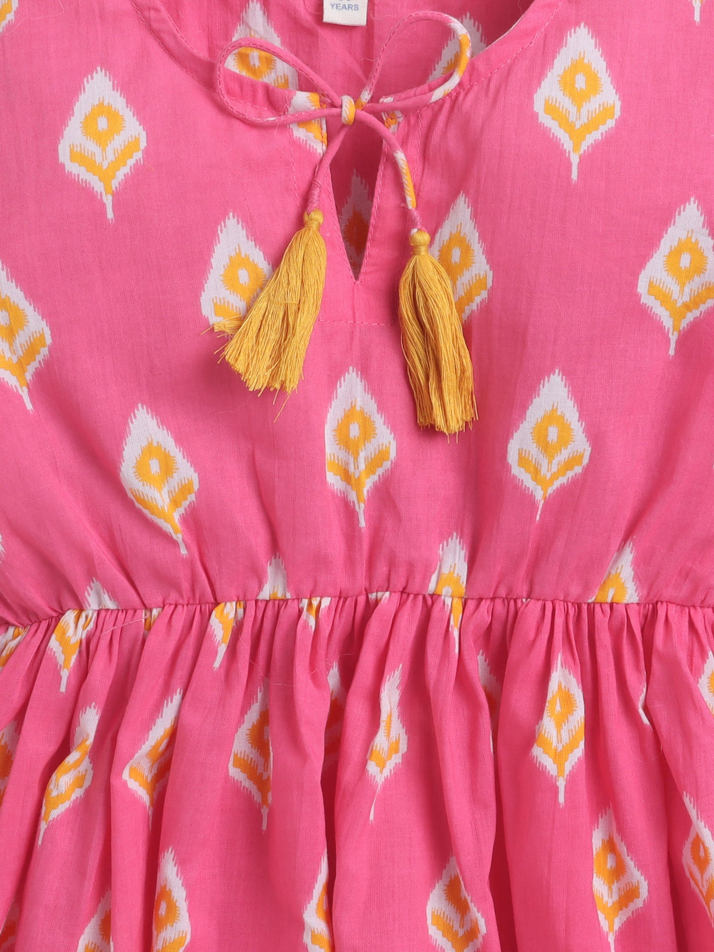 Cotton Three Fourth Sleeves Ikat Printed Gathered Top with Tassels -Pink