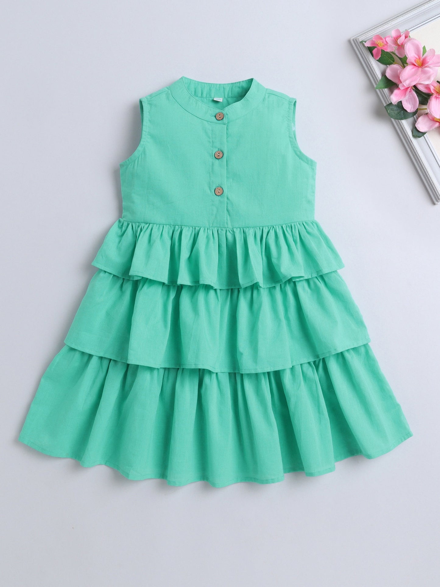 Cotton Sleeveless Solid Layered Dress - Aqua Blue