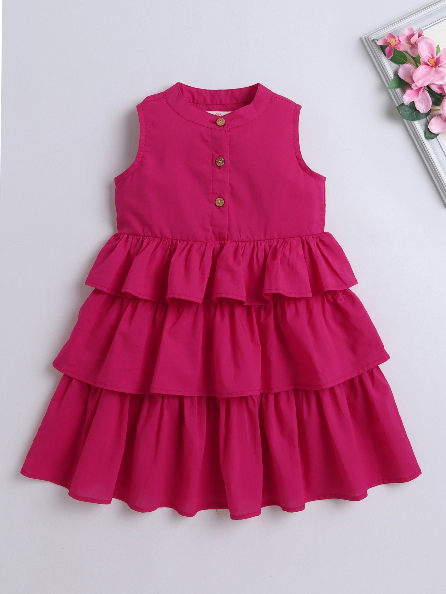 Cotton Sleeveless Solid Layered Dress - Fuchsia