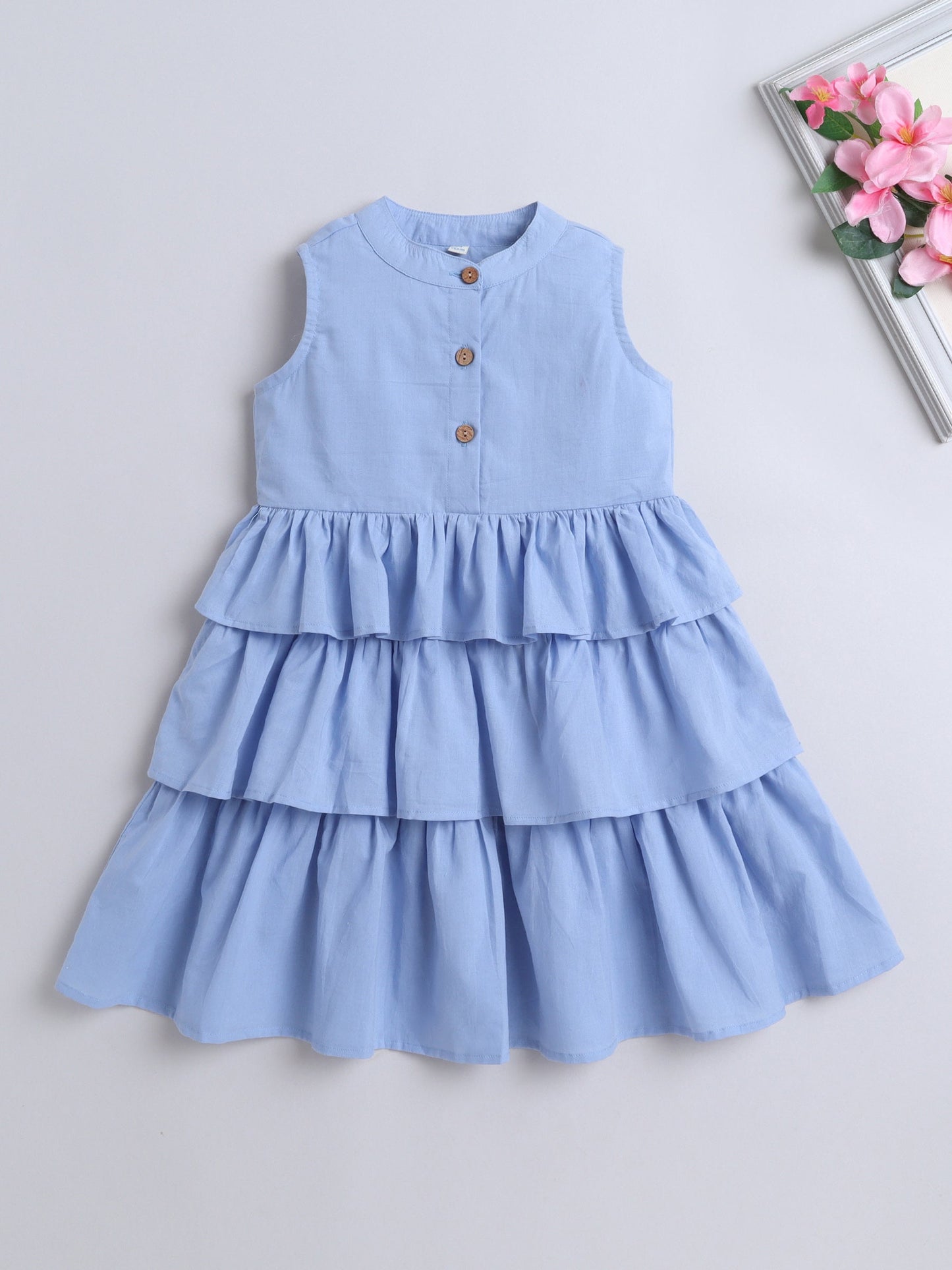 Cotton Sleeveless Solid Layered Dress - Blue