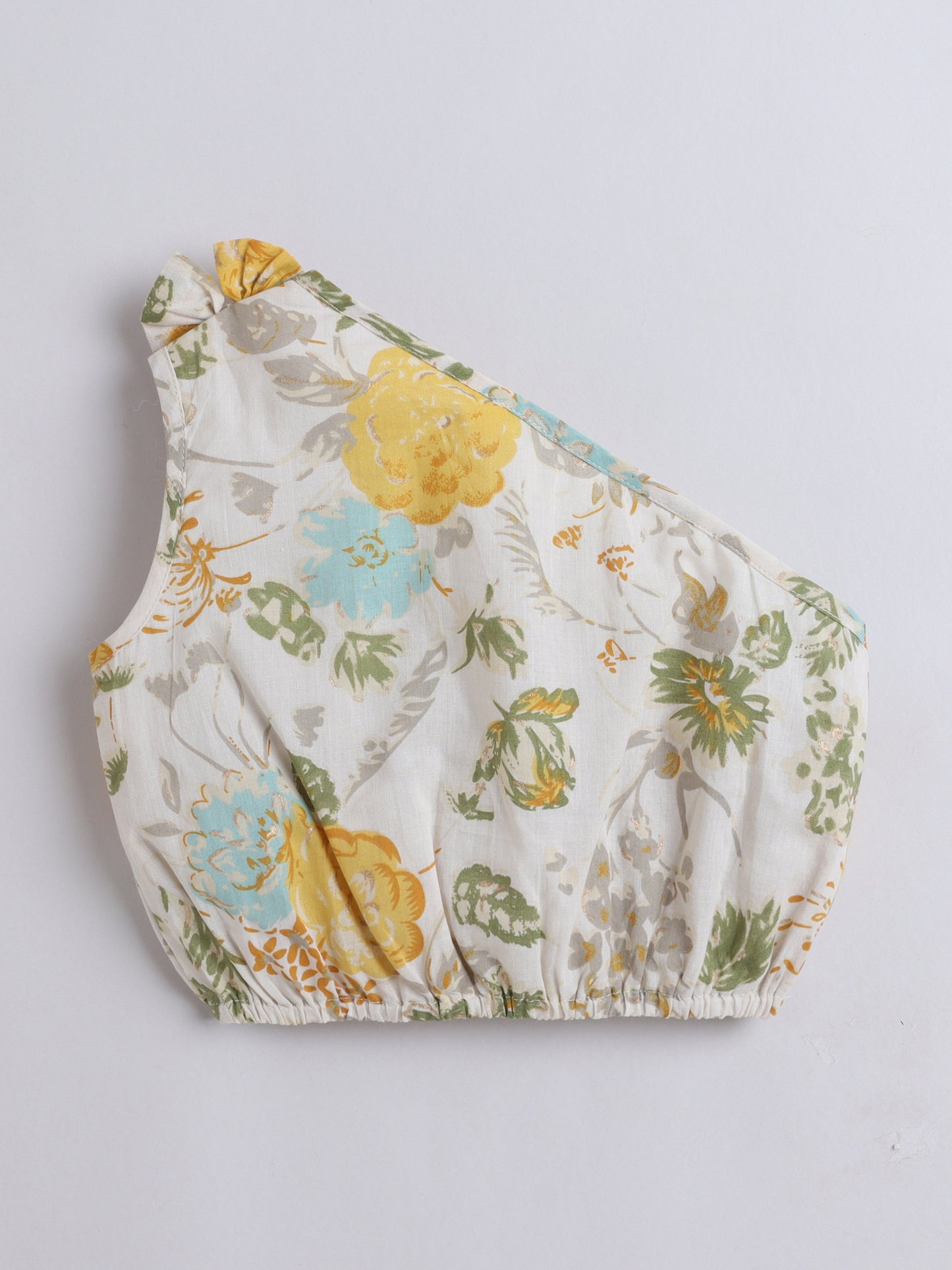 Cotton One Shoulder Floral Printed Top With Tiered Skirt - Yellow