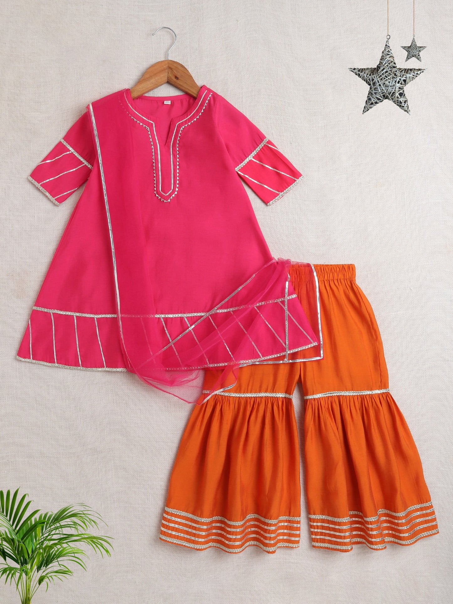 - Three Fourth Sleeves Lace Embellished Kurta And Sharara Set With Dupatta- Fuchsia