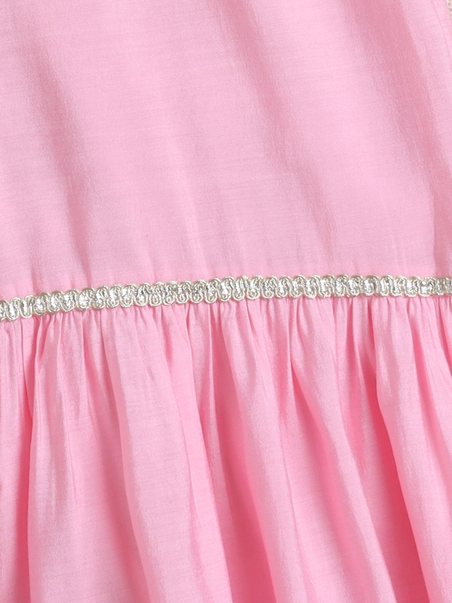 - Three Fourth Sleeves Lace Embellished Kurta And Sharara Set With Dupatta- Pink