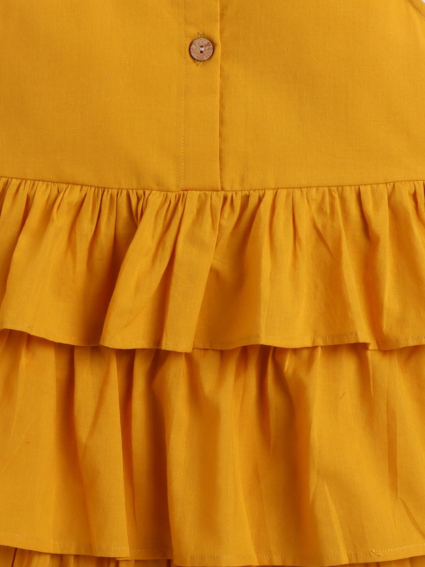 Sleeveless Solid Tiered Frill Cotton Dress- Mustard