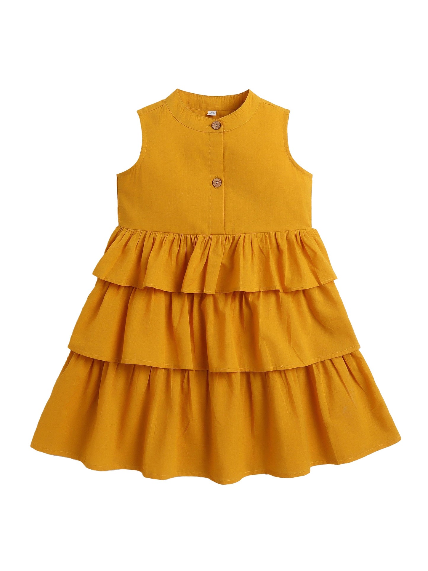 The Magic Wand Sleeveless Solid Tiered Frill Cotton Dress Mustard