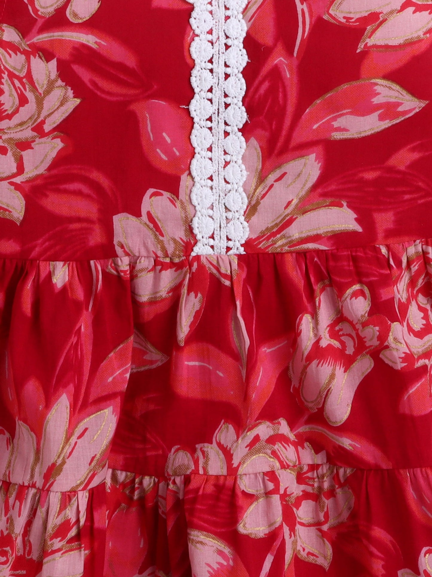 The Magic Wand Cotton Sleevless All Over Printed Lace Embellished Dress-Red
