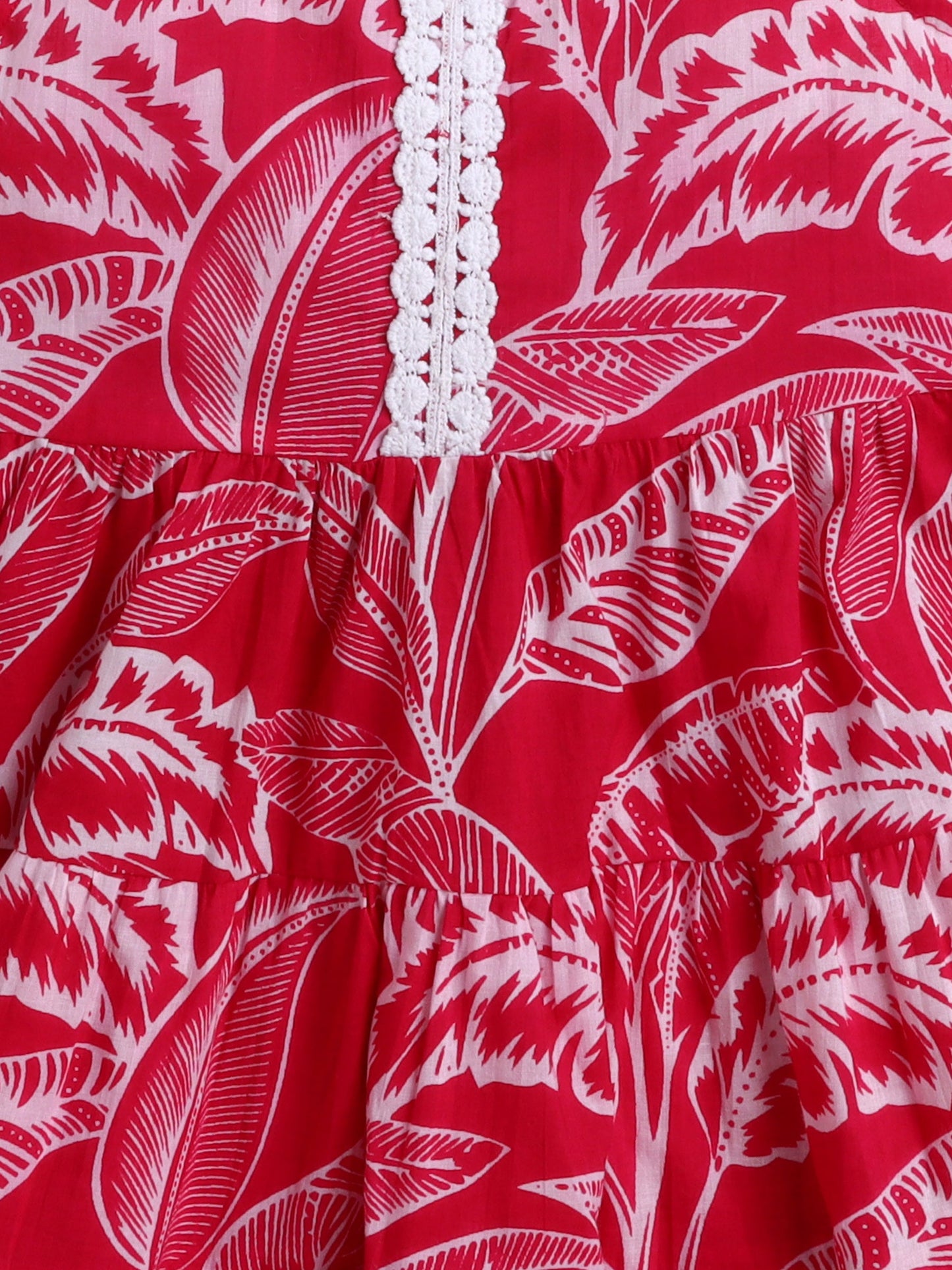 The Magic Wand Cotton Sleeveless All Over Printed Lace Embellished Dress- Fuchsia