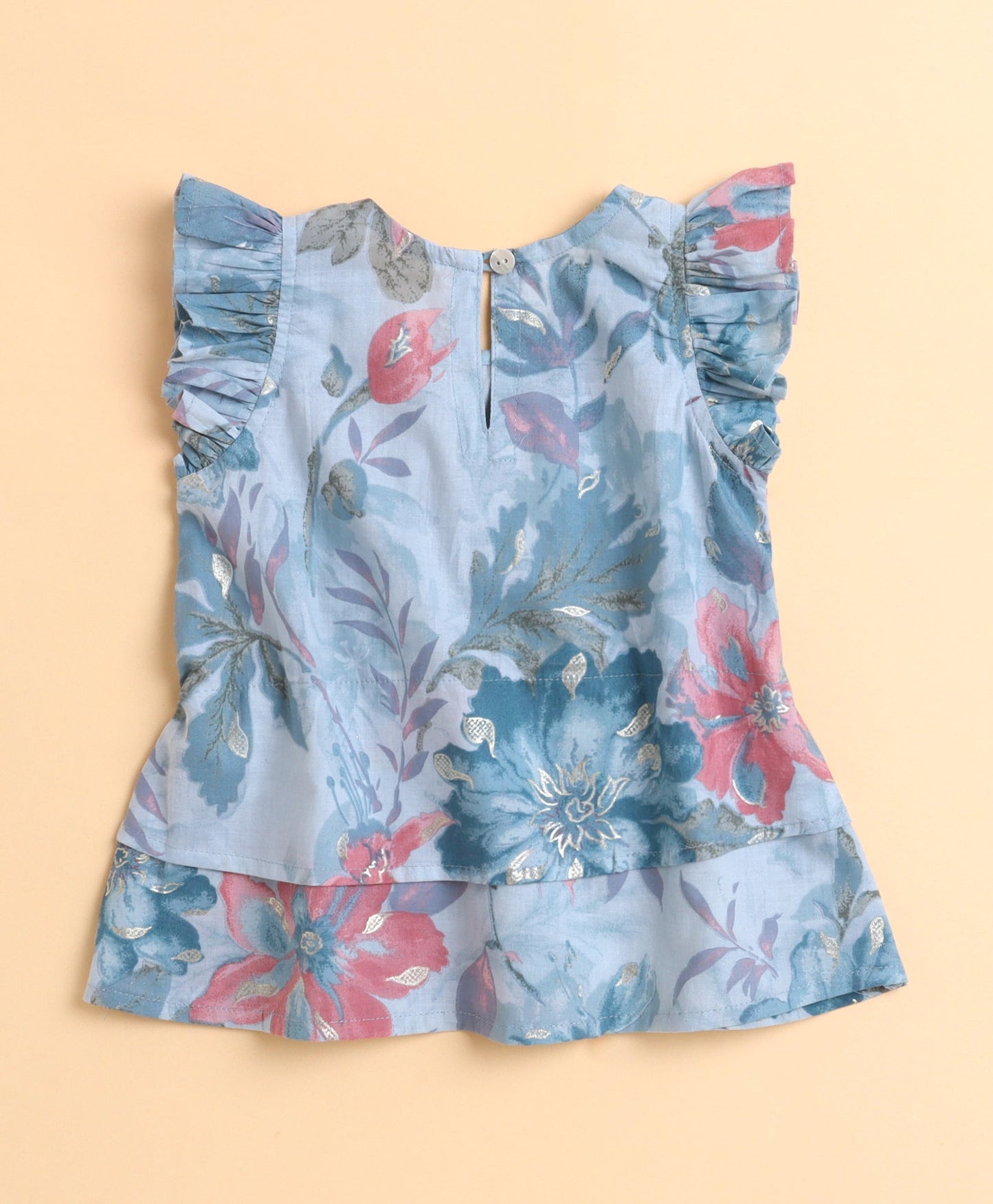 The Magic Wand Cotton Woven Frill Sleeves Floral Printed Top and Bottom Co ordinating Set- Blue