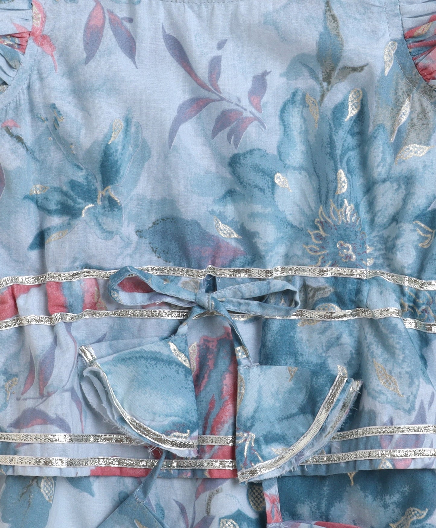 The Magic Wand Cotton Woven Frill Sleeves Floral Printed Top and Bottom Co ordinating Set- Blue