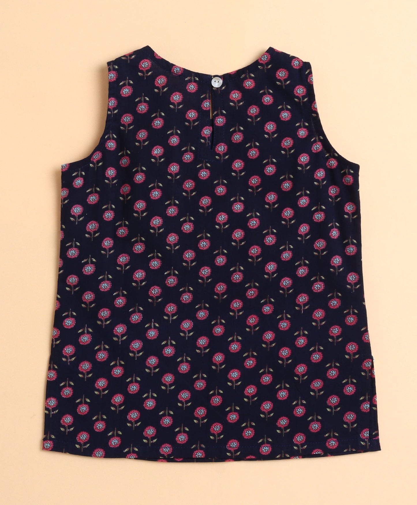 The Magic Wand Cotton Floral Printed Sleeveless Lace Embellished Kurti and Lehenga with Dupatta - Navy Blue