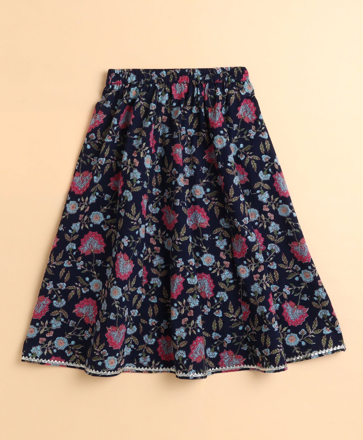 The Magic Wand Cotton Floral Printed Sleeveless Lace Embellished Kurti and Lehenga with Dupatta - Navy Blue