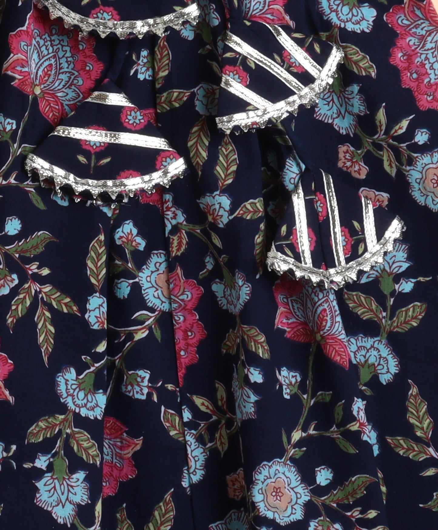 The Magic Wand Cotton Floral Printed Sleeveless Lace Embellished Kurti and Lehenga with Dupatta - Navy Blue