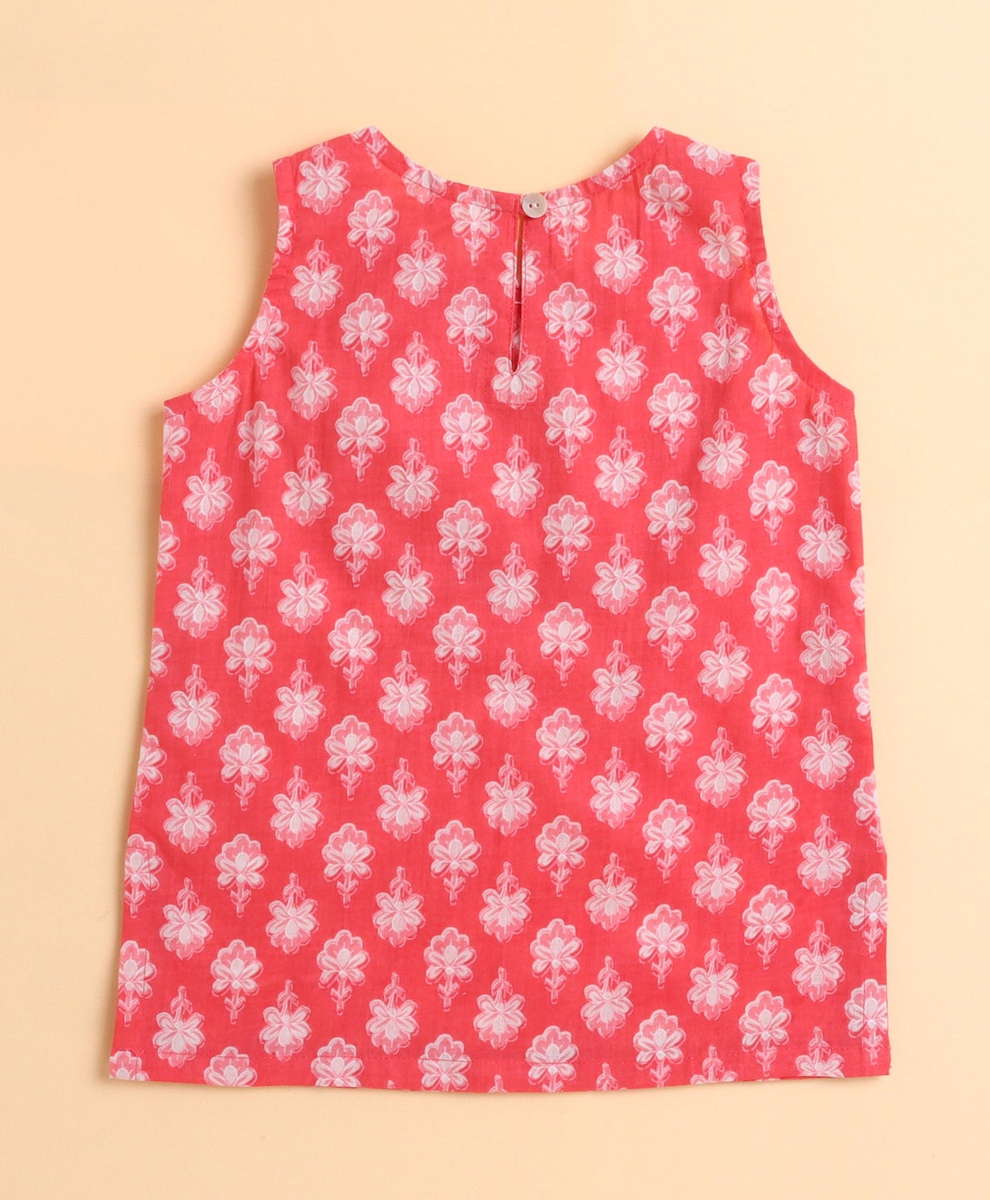 The Magic Wand Cotton Woven Floral Printed Sleeveless Lace Embellished Kurti and Lehenga with Dupatta - Peach
