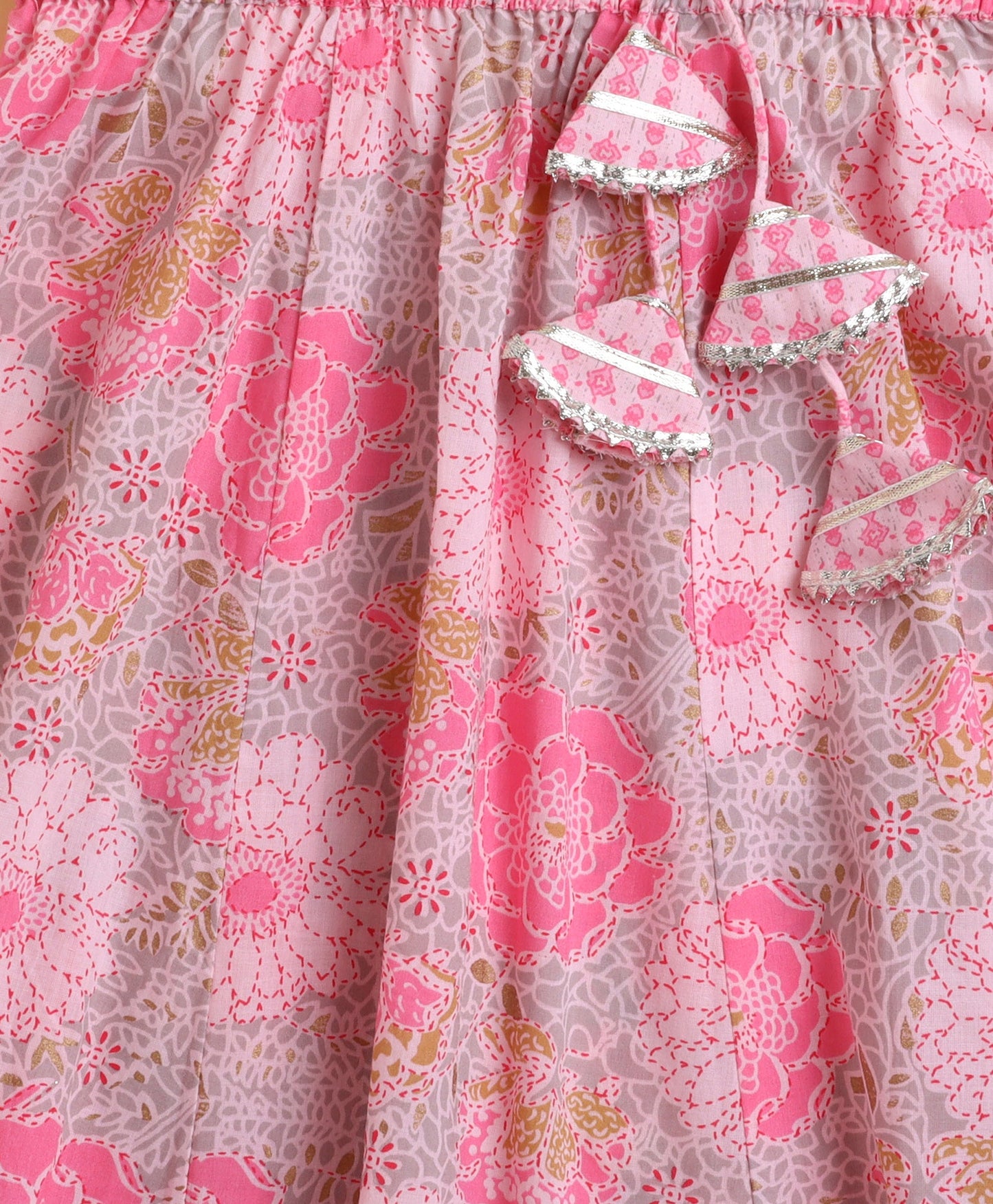 The Magic Wand Cotton Woven Floral Printed Sleeveless Lace Embellished Kurti and Lehenga with Dupatta - Pink