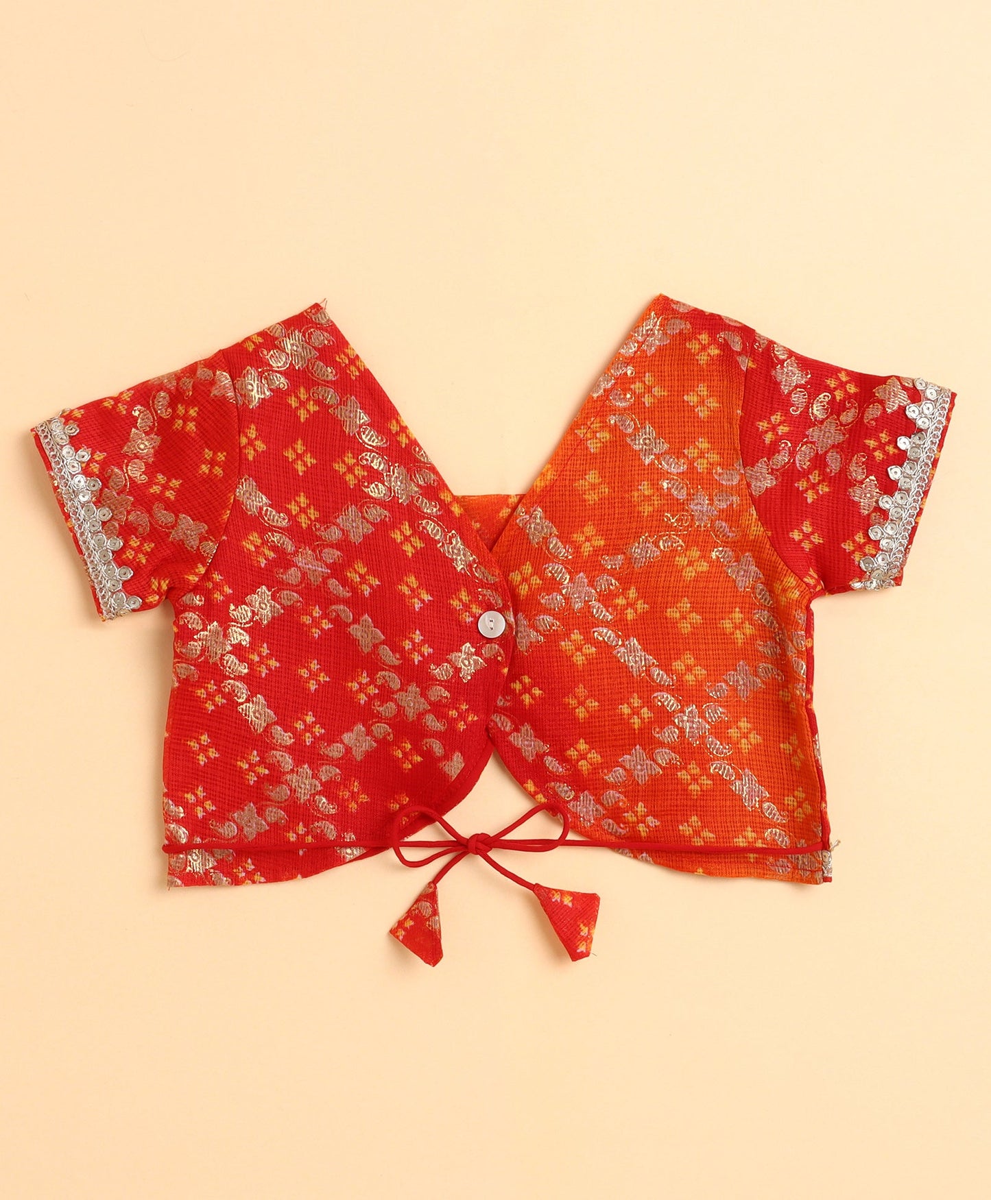 The Magic Wand Woven Half Sleeves Foil Printed & Lace Embellished Lehenga Choli With Dupatta Set - Red