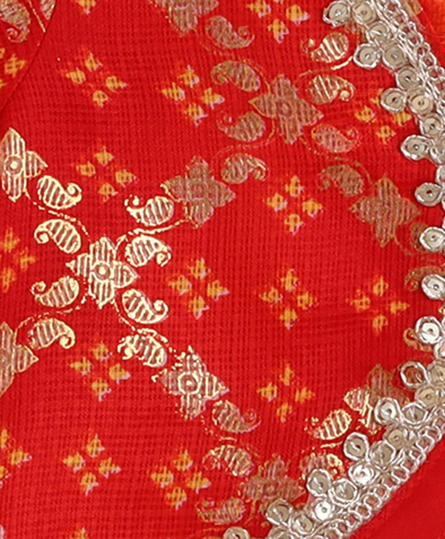 The Magic Wand Woven Half Sleeves Foil Printed & Lace Embellished Lehenga Choli With Dupatta Set - Red