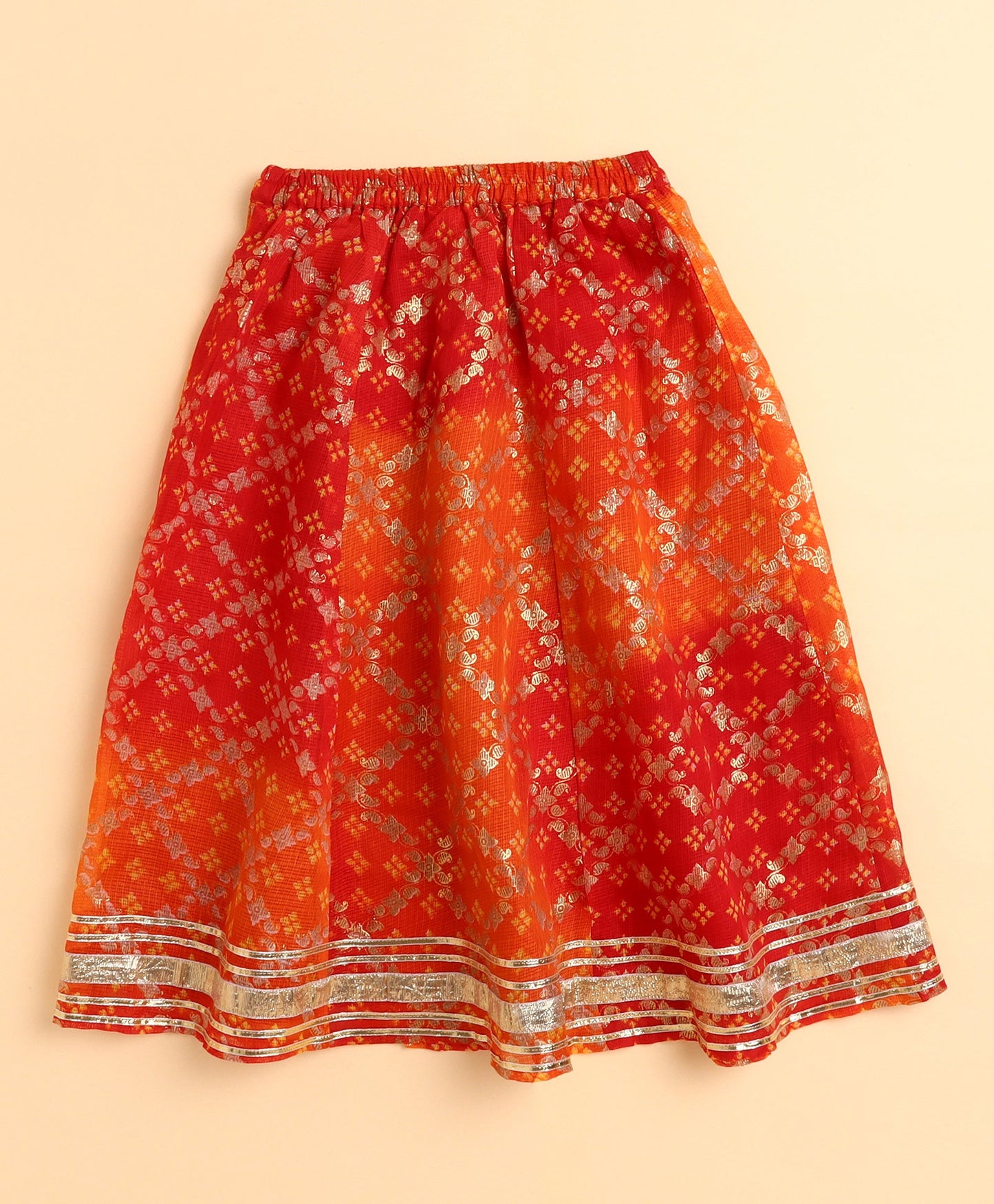 The Magic Wand Woven Half Sleeves Foil Printed & Lace Embellished Lehenga Choli With Dupatta Set - Red