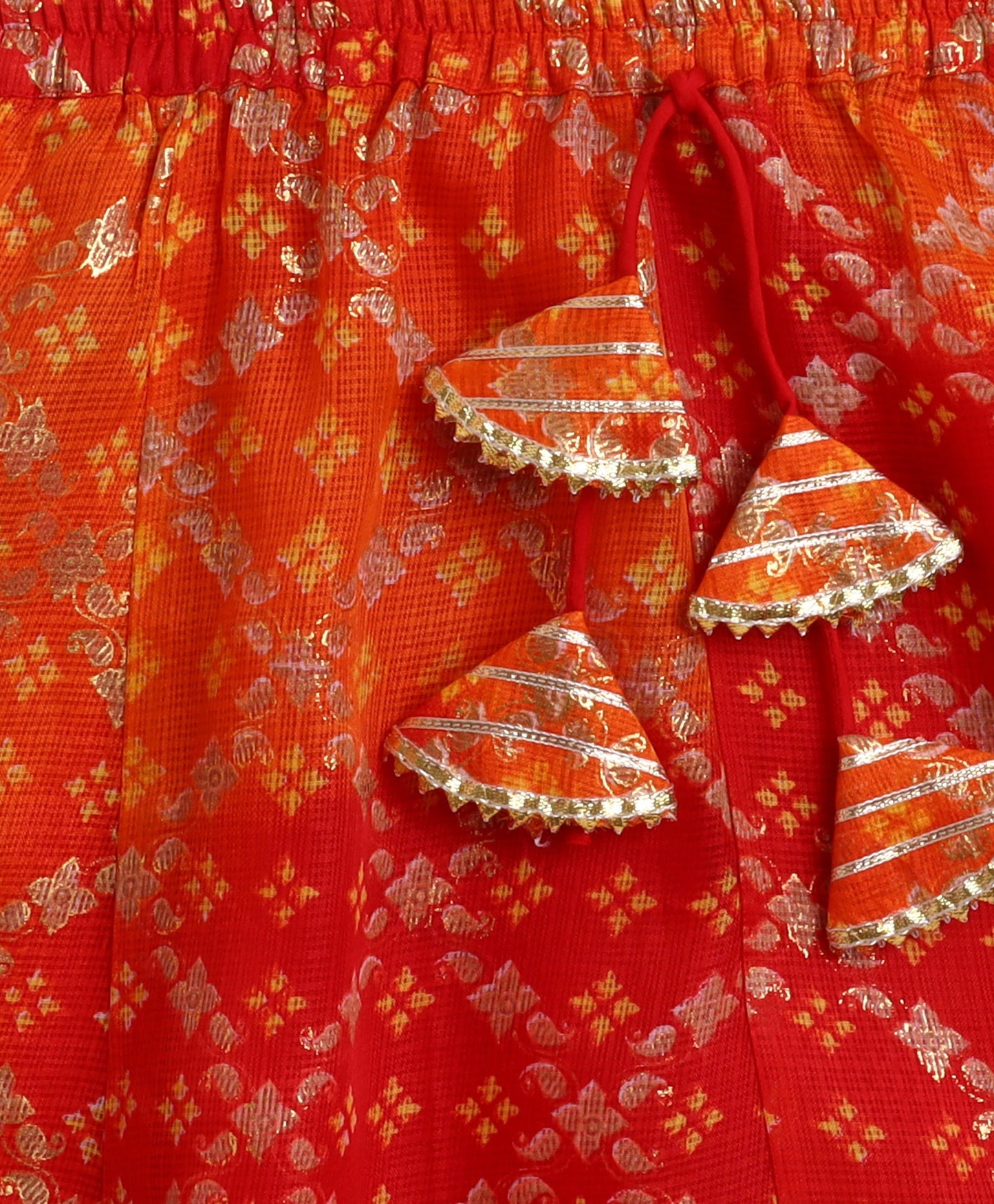The Magic Wand Woven Half Sleeves Foil Printed & Lace Embellished Lehenga Choli With Dupatta Set - Red