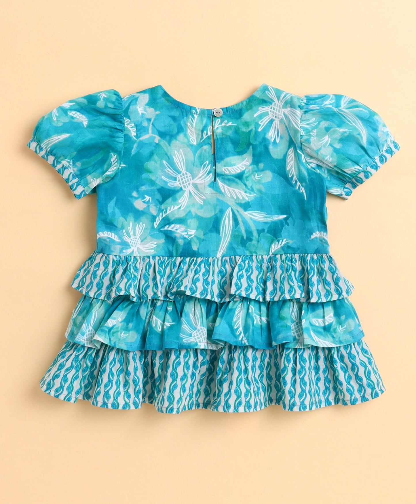 The Magic Wand Cotton Woven Abstract Printed Puff Sleeves Top and Bottom Coordinating Set - Teal Blue