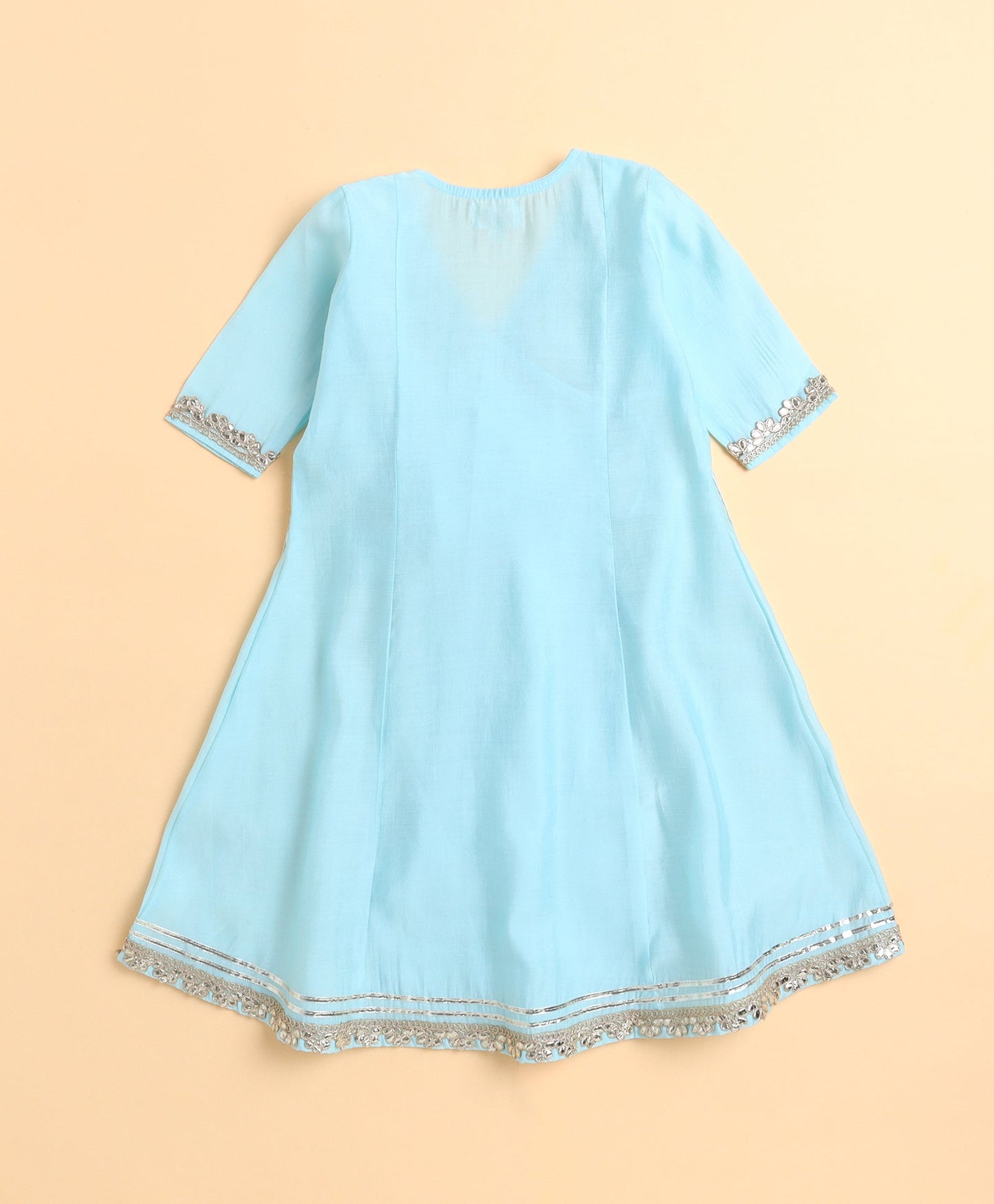 The Magic Wand Woven Solid Printed Three Fourth Sleeves Lace Embellished Kurti and Salwar Set- Blue