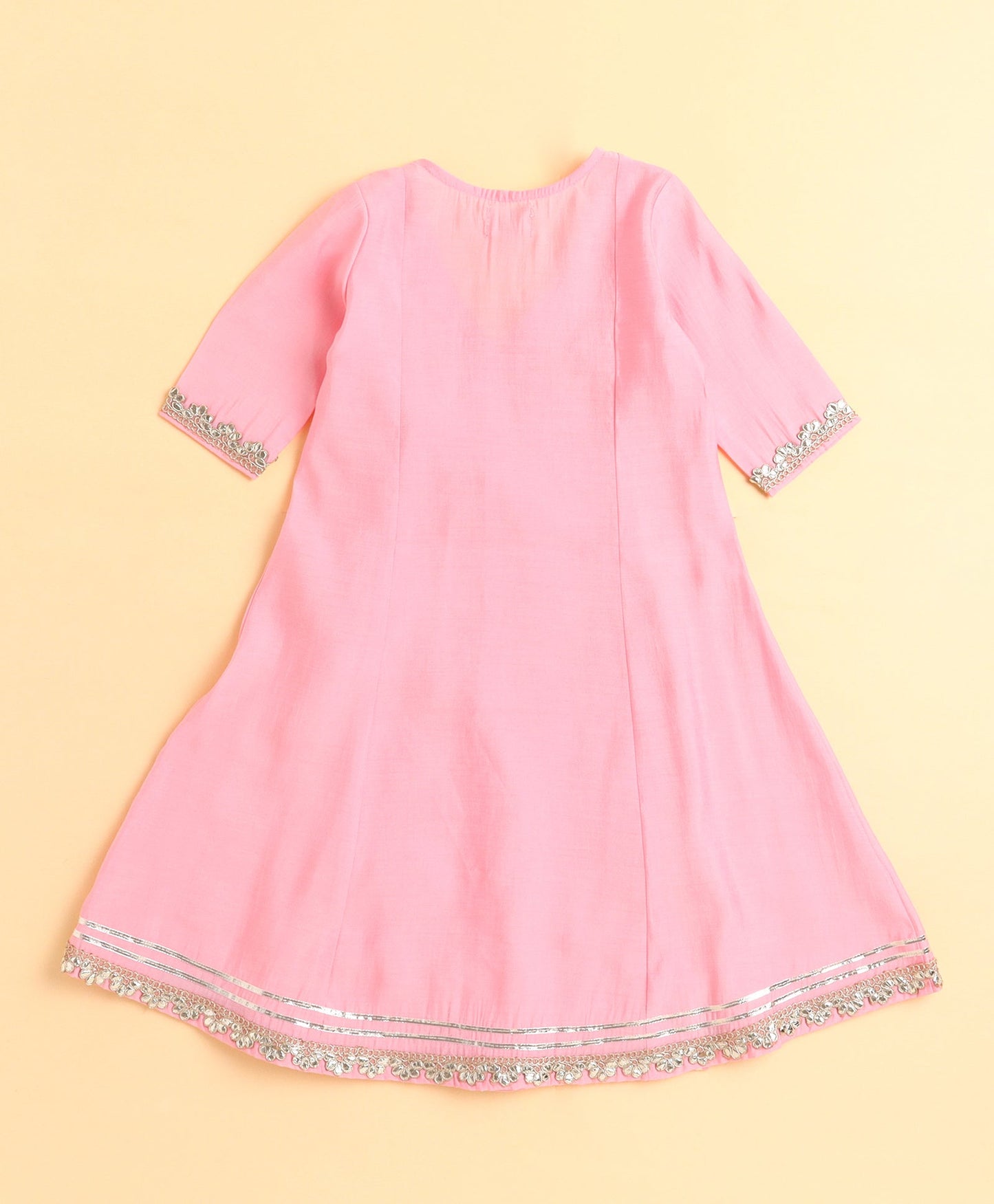 The Magic Wand Woven Solid Printed Three Fourth Sleeves Lace Embellished Kurti and Salwar Set- Pink