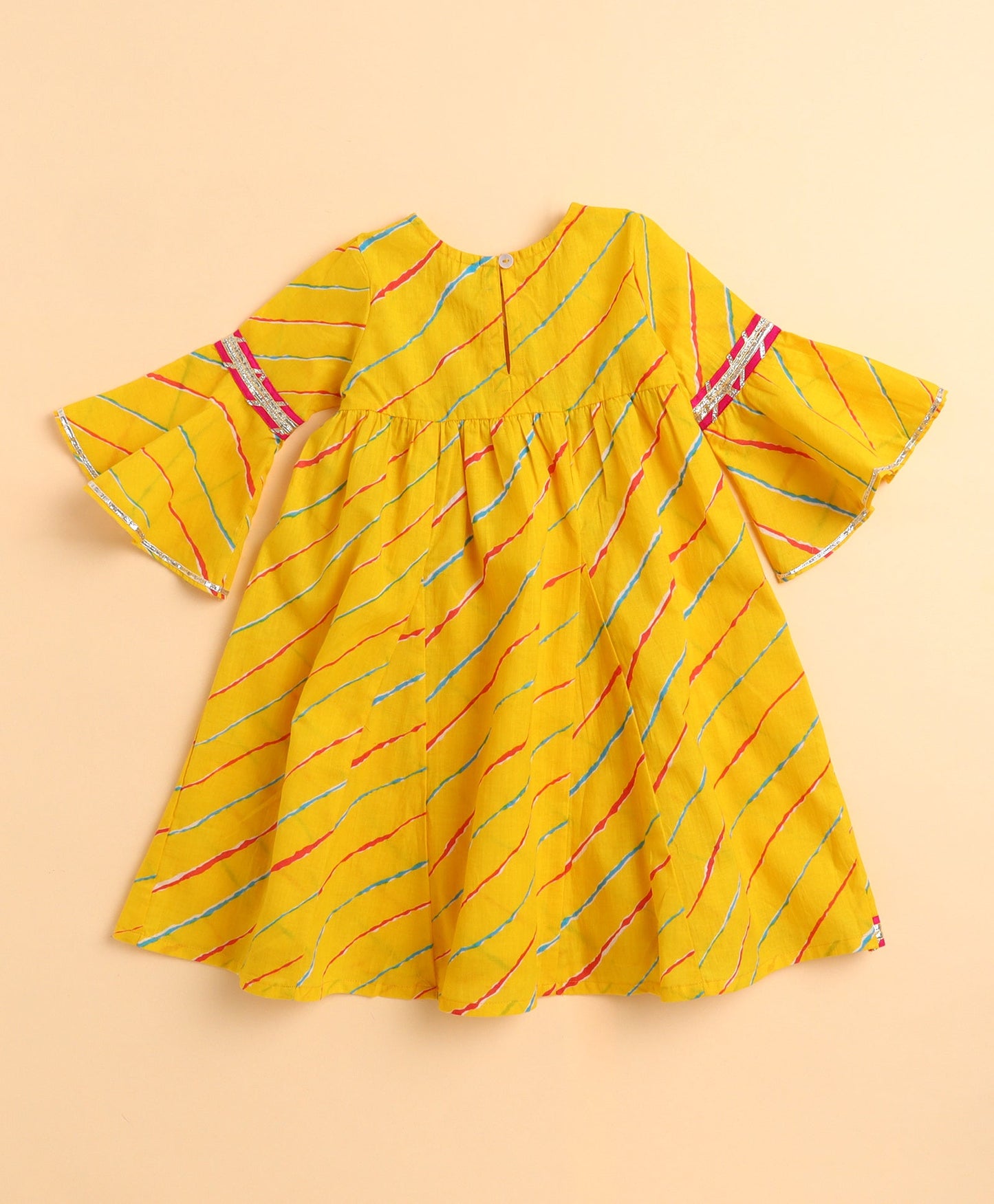 The Magic Wand Cotton Woven Frill Sleeves Leheriya Printed Kurta and Salwar Set- Yellow