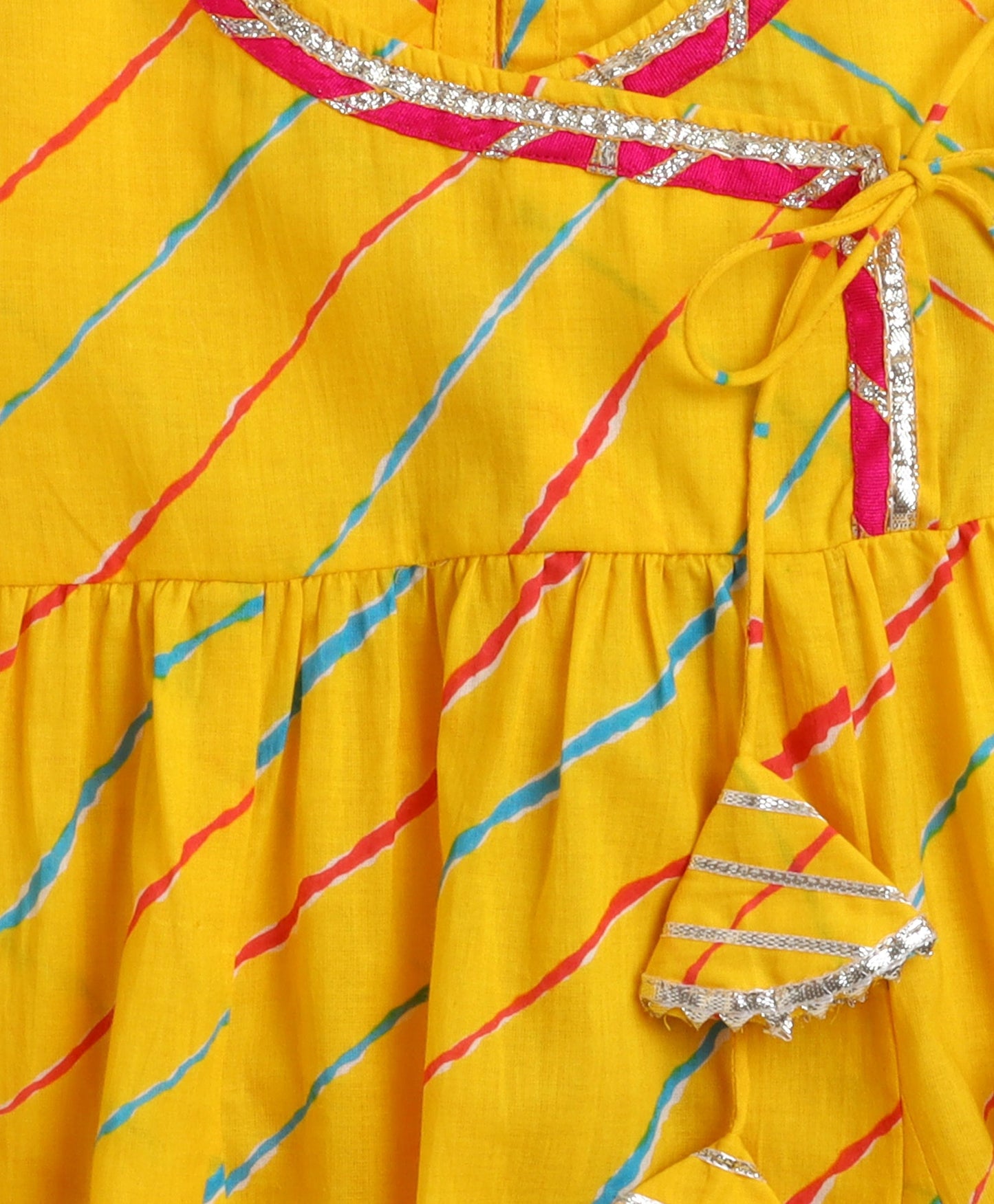 The Magic Wand Cotton Woven Frill Sleeves Leheriya Printed Kurta and Salwar Set- Yellow