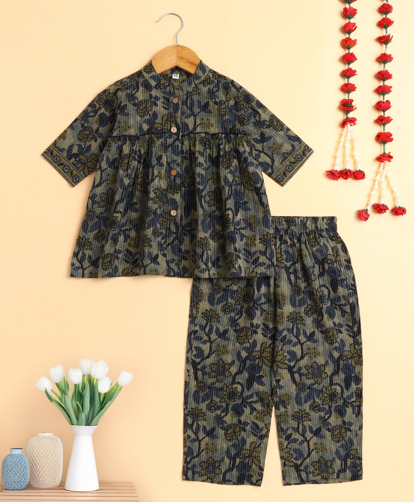 The Magic Wand Cotton Woven Three Fourth Sleeves Floral Printed Top and Bottom co ordinating Set- Green