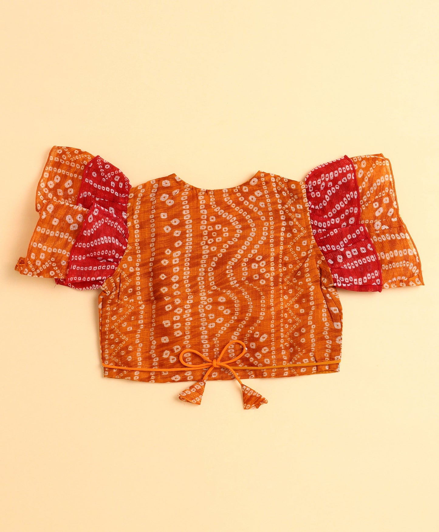The Magic Wand Woven Frill Sleeves Bandhani Printed Embellished Lehenga and Choli Set - Orange