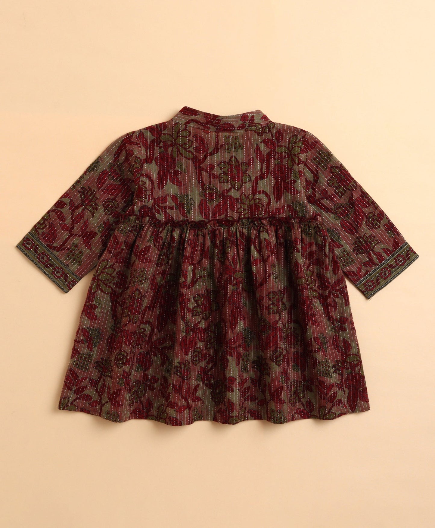 The Magic Wand Cotton woven Woven Kantha Work Printed Three Fourth Sleeves Gather Top and Bottom Set- Red