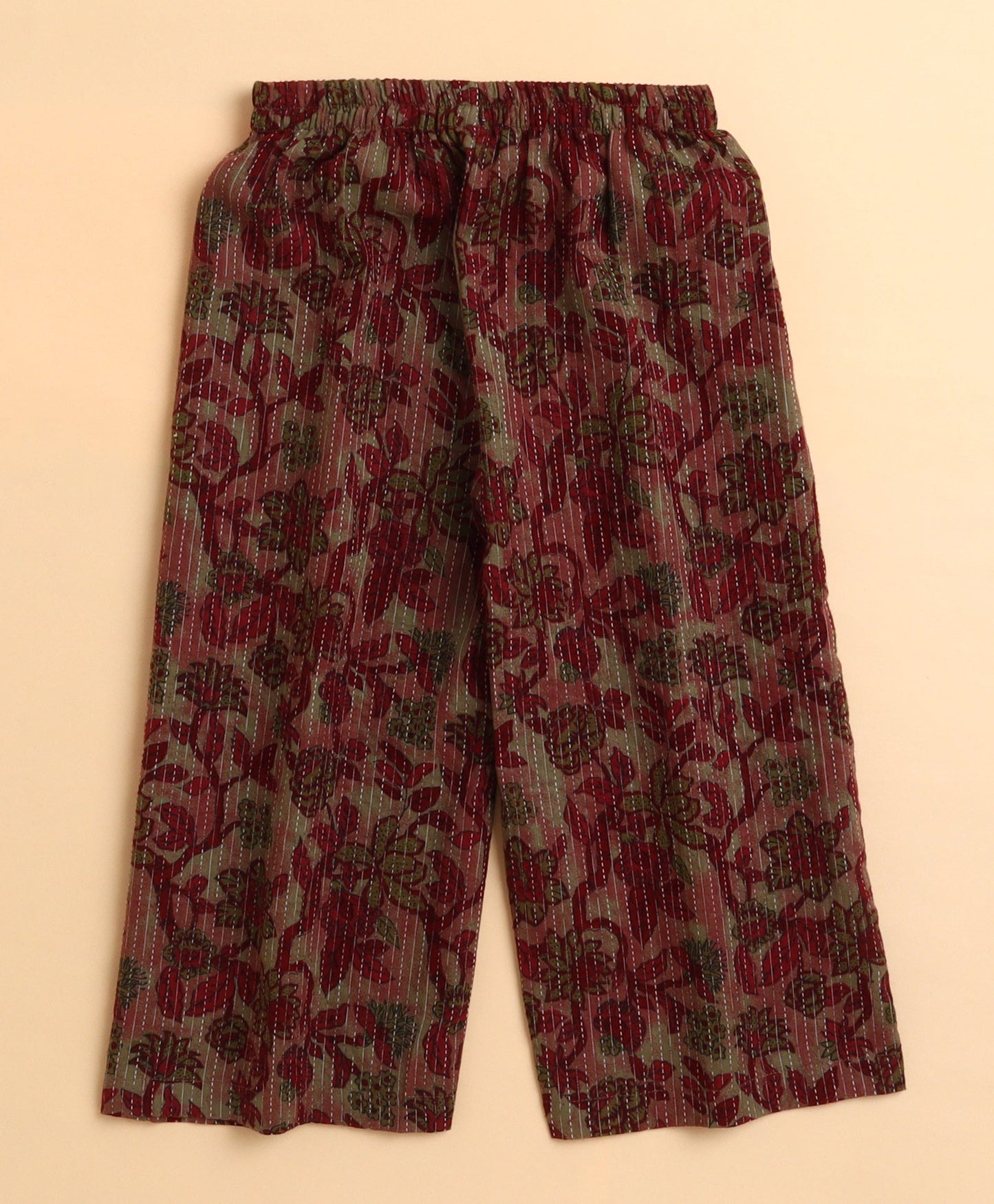 The Magic Wand Cotton woven Woven Kantha Work Printed Three Fourth Sleeves Gather Top and Bottom Set- Red