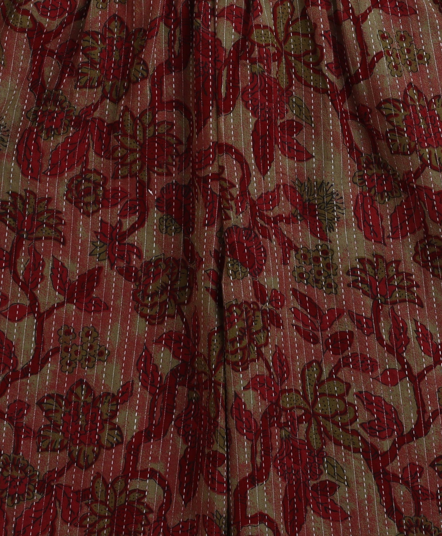 3/4 thSleevesCotton woven Woven Kantha Work Printed Gather Top and Bottom Set- Red