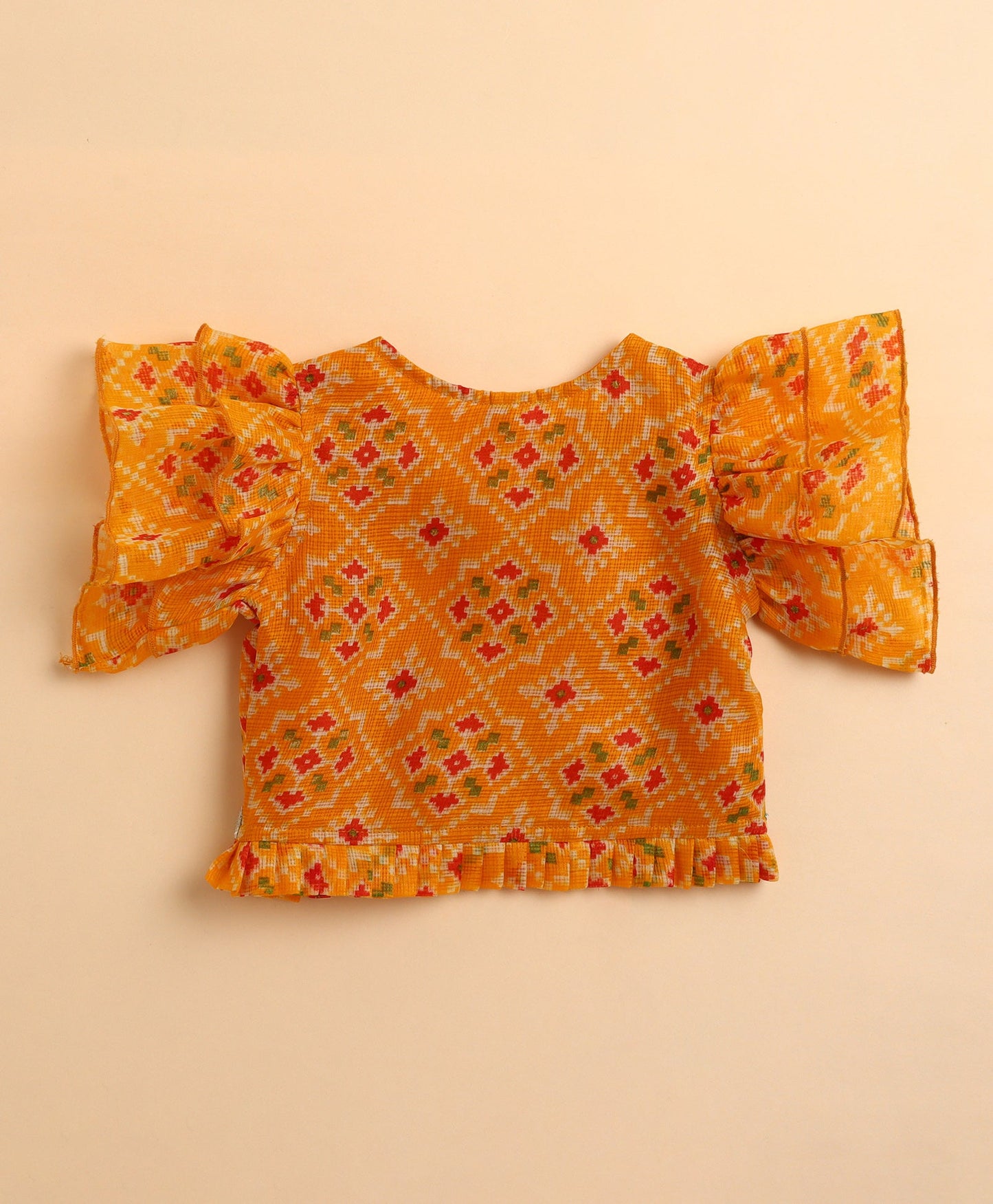 The Magic Wand Woven Kota Doriya Ruffle Sleeves Bandhani Printed Blouse and Foil Lehenga - Yellow