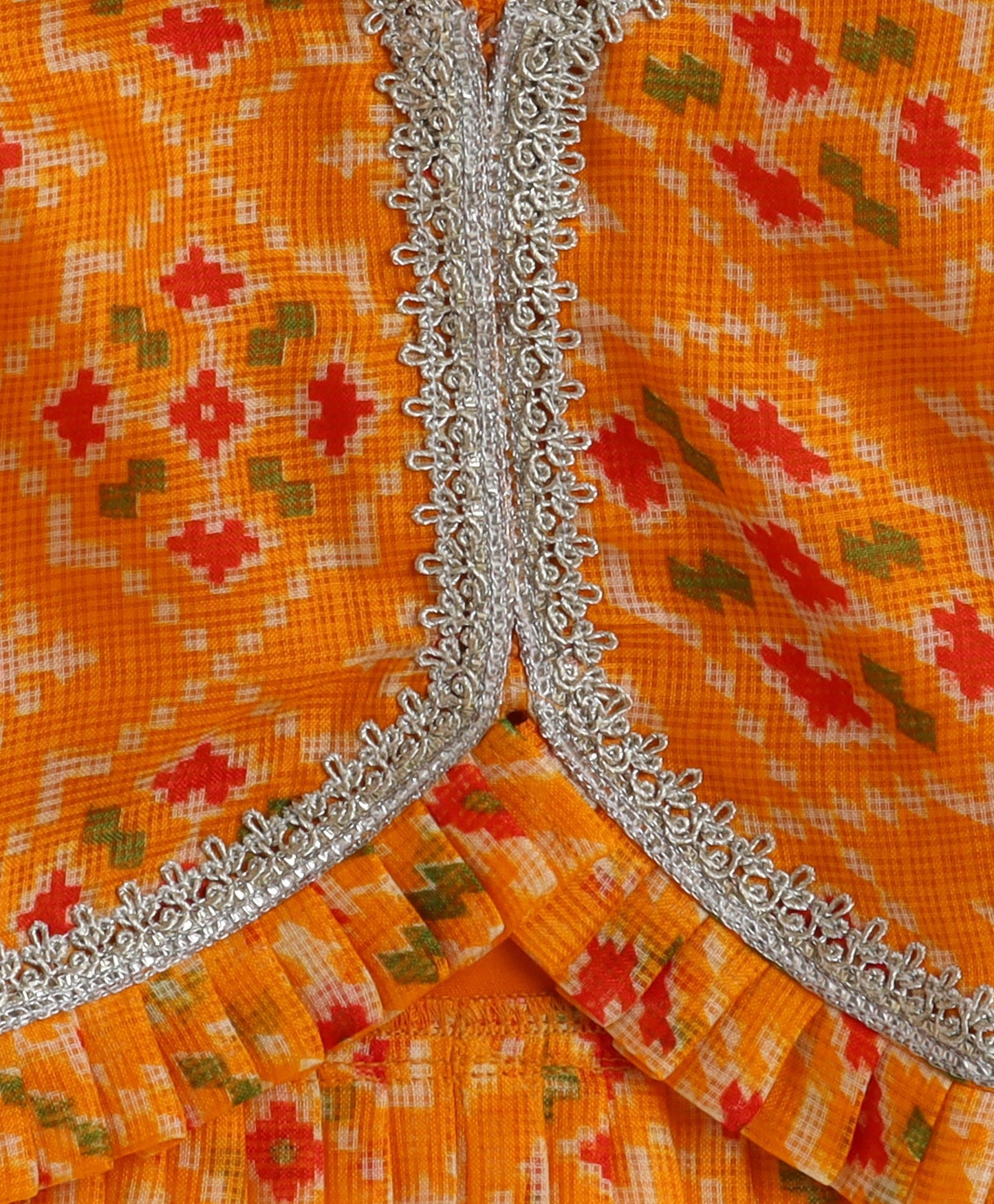 The Magic Wand Woven Kota Doriya Ruffle Sleeves Bandhani Printed Blouse and Foil Lehenga - Yellow