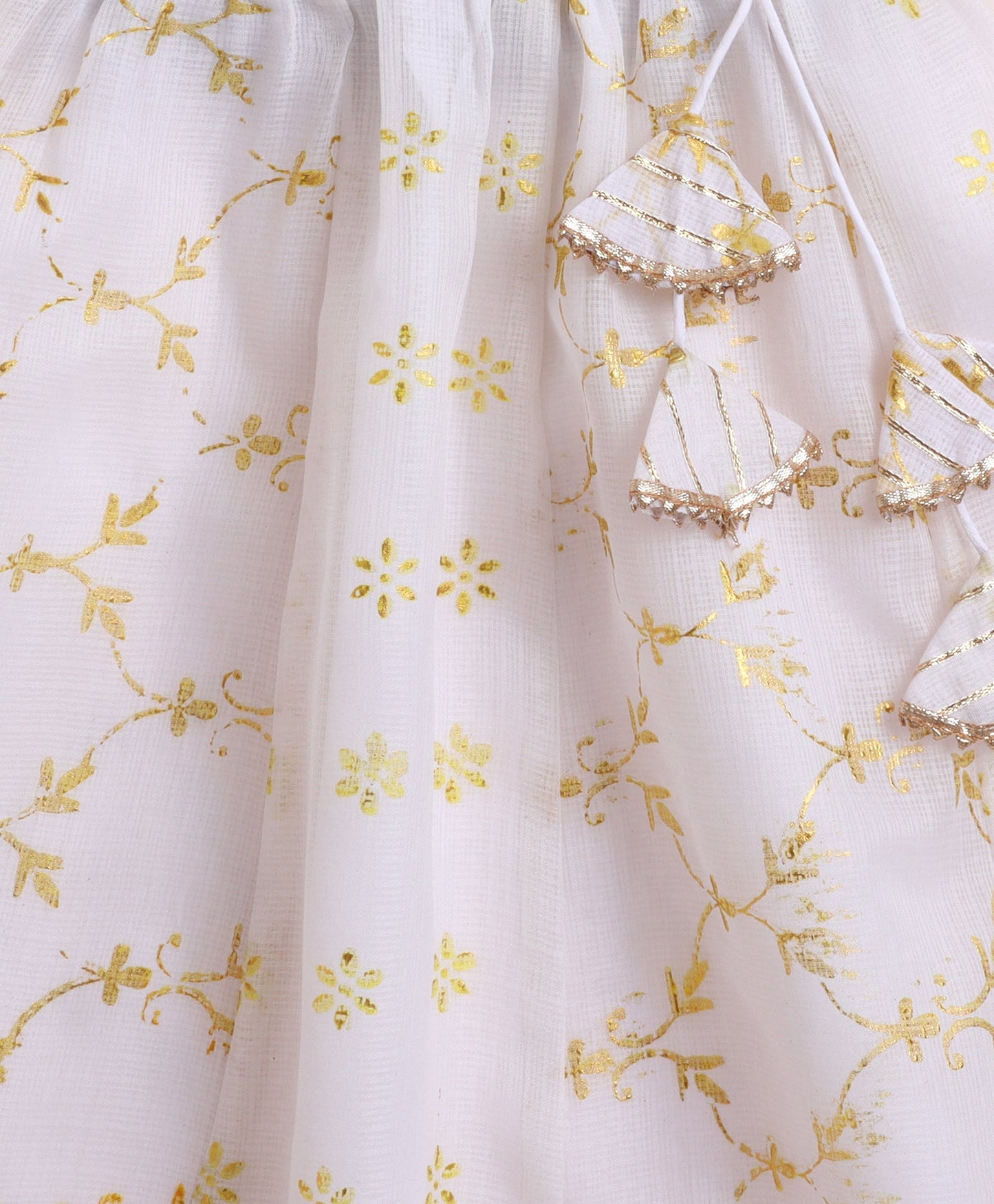The Magic Wand Woven Kota Doriya Ruffle Sleeves Bandhani Printed Blouse and Foil Lehenga - Yellow